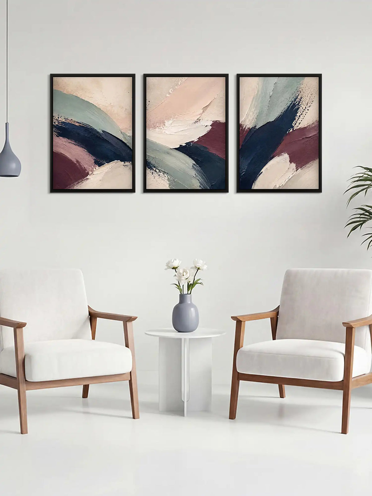Abstract wall art set of 3 - gestural abstraction artwork - contemporary abstract forms - black wooden frames - Spaces Unhooked