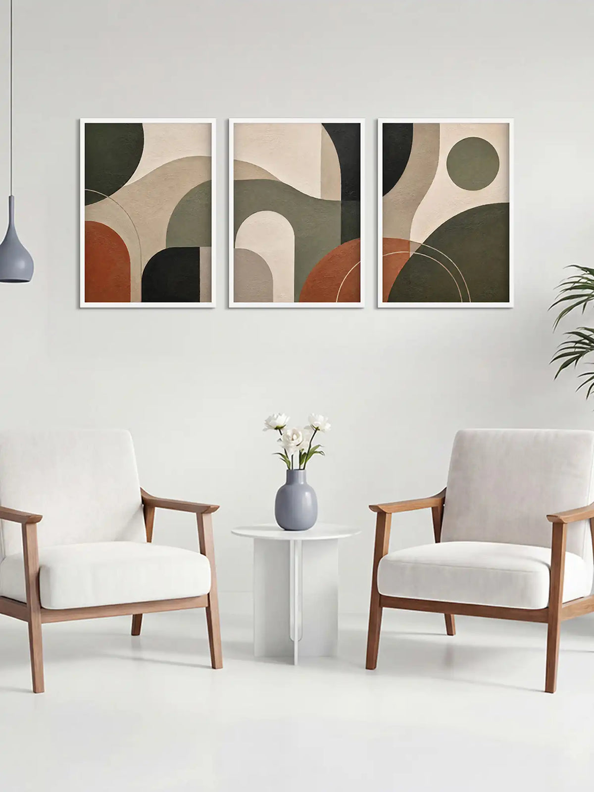 Earthy abstract wall art frames set of 3, organic modernism shapes in sage green, terracotta and beige, framed black canvas for living room decor.