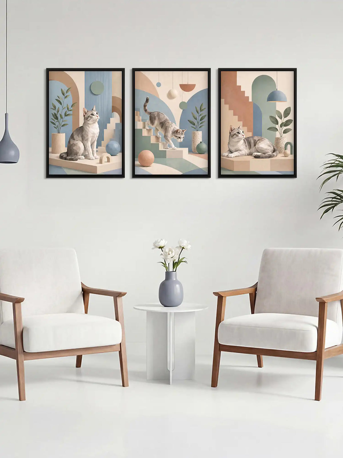 Low Poly Illustration - Playful Cat Geometric Minimalism - Black Wooden Wall Frames - Spaces Unhooked