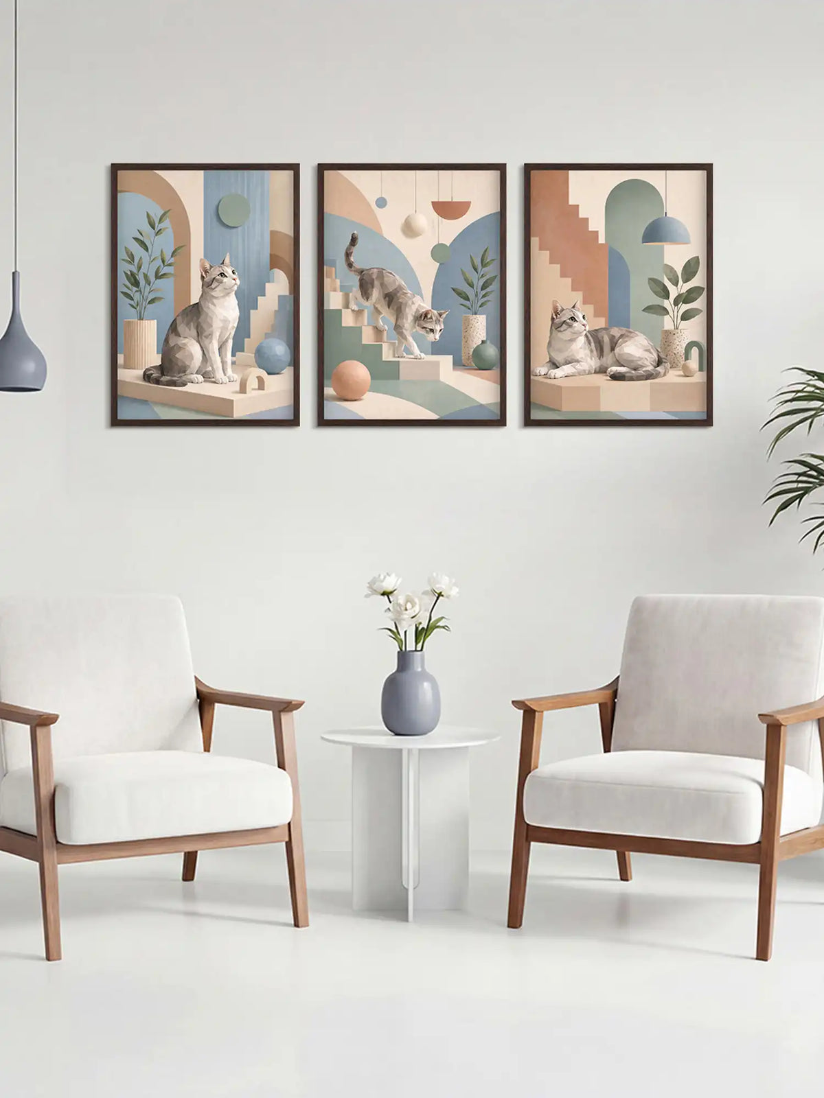 Three framed artworks of cats in a modern living room setting.
