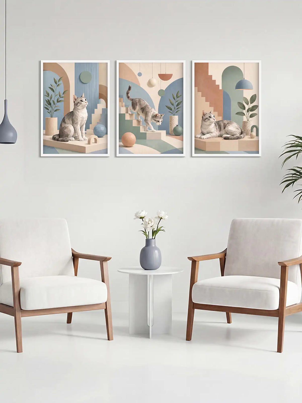 Three framed artworks of cats in a modern living room setting.