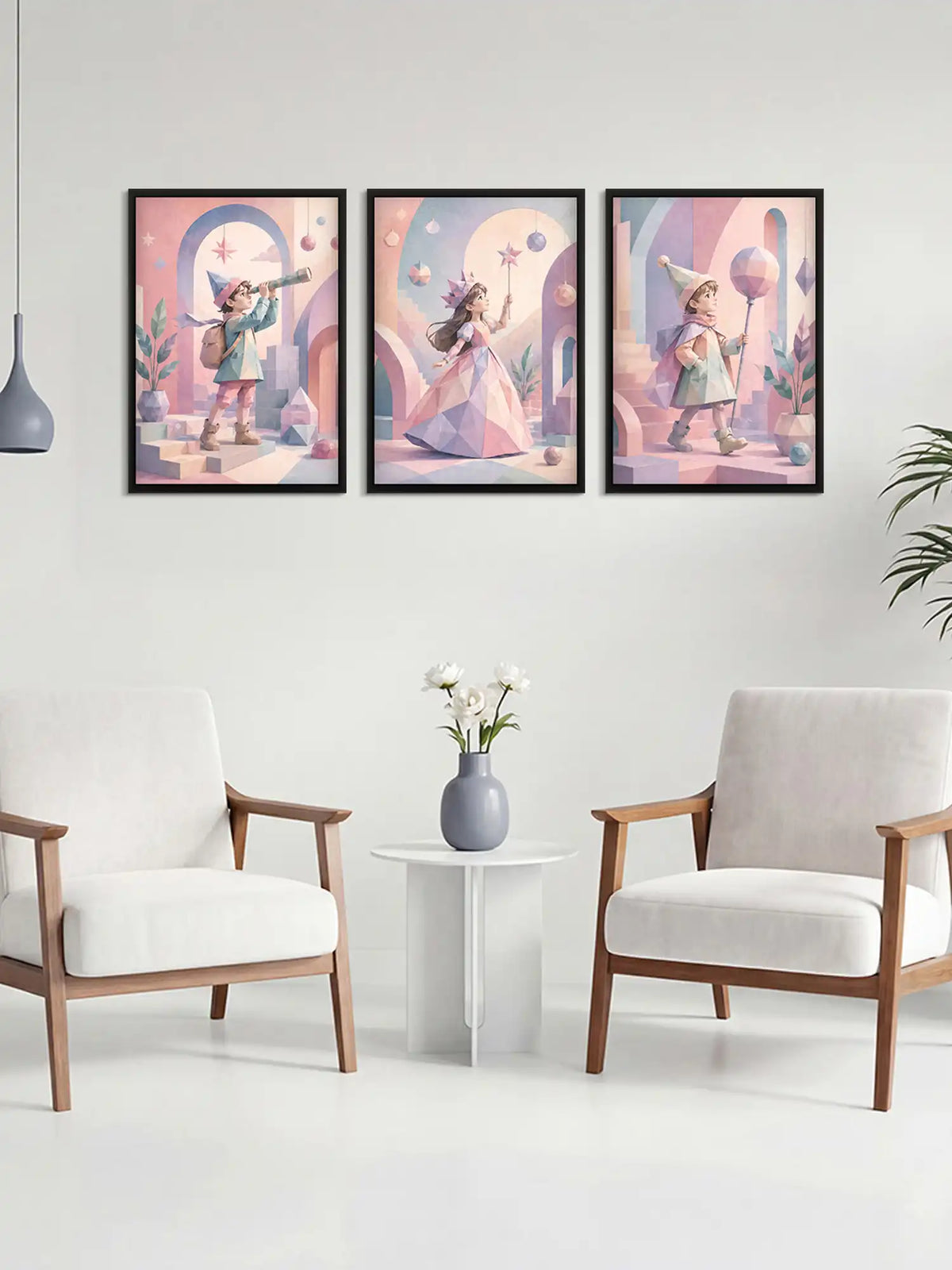 Low Poly Illustration - Childhood Imagination Fantasy Kids - Black Wooden Wall Frames - Spaces Unhooked