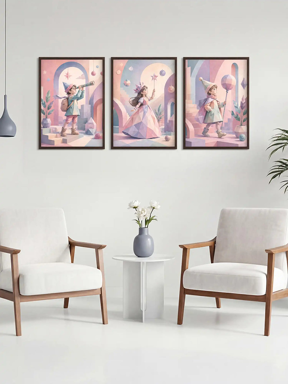 Three framed artworks on a wall above a small table with a vase and flowers, in a room with two chairs.