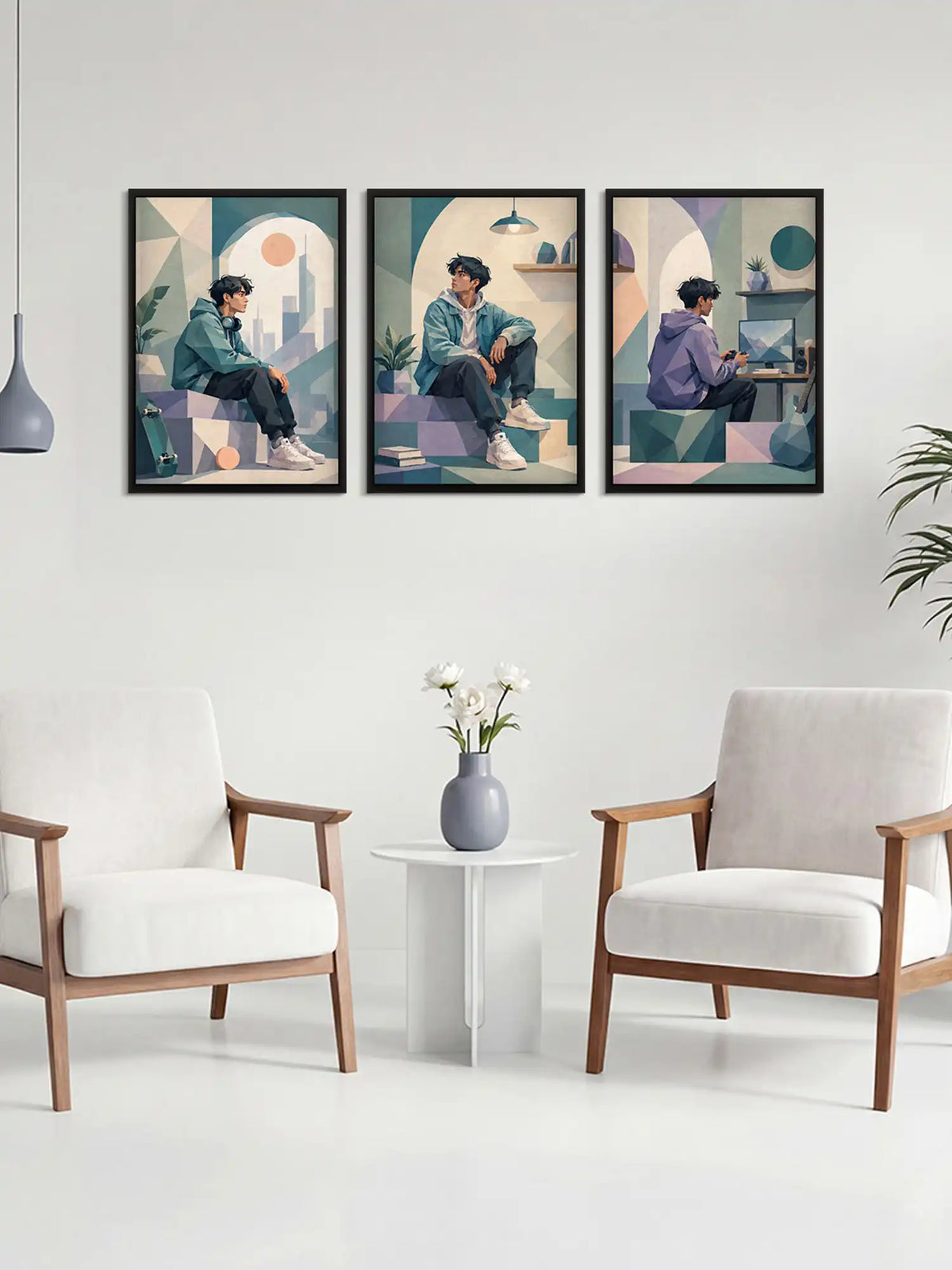 Low Poly Illustration - Modern Youth Urban Teen - Black Wooden Wall Frames - Geometric Minimalism - Spaces Unhooked
