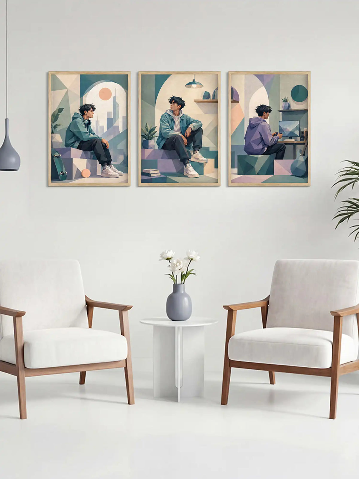Three framed artworks of a person sitting in different poses on a wall above a white table with a vase and flowers.