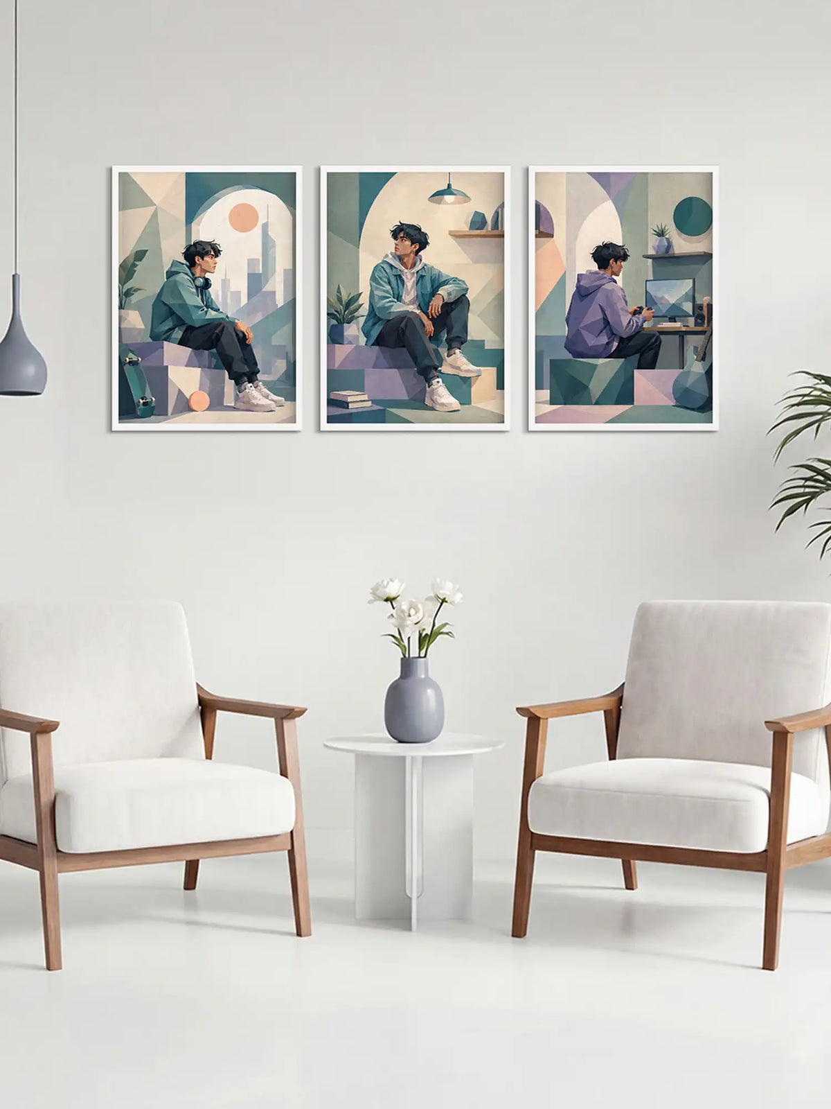 Three framed artworks of a person sitting in different poses on a wall above a white table with a vase and flowers.