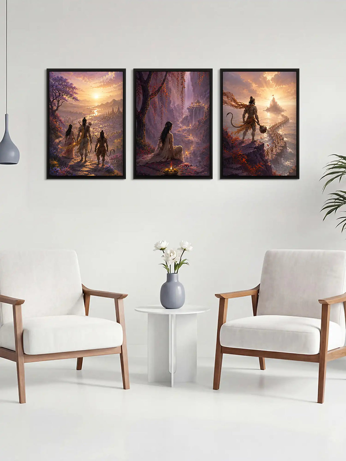 Digital Matte Painting - Ramayana Epic Ram Sita Hanuman - Black Wooden Wall Frames - Mythological Art - Spaces Unhooked