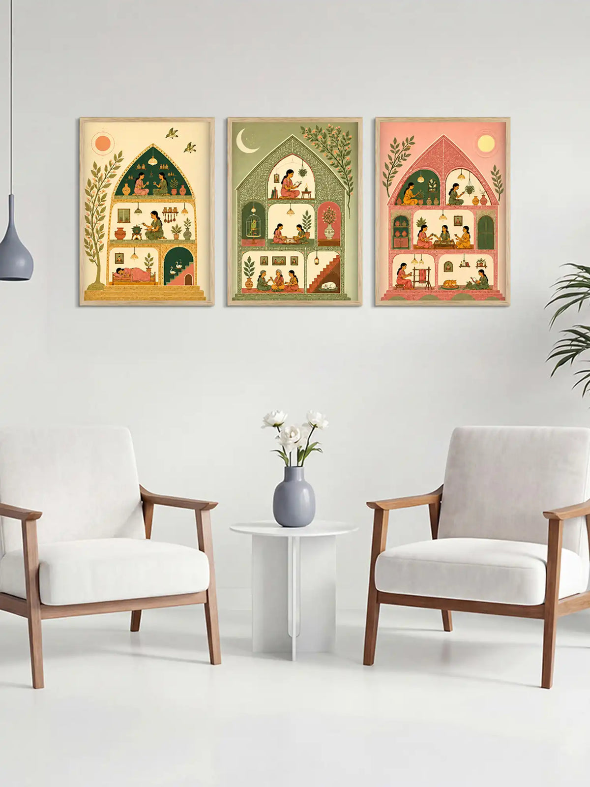 Indian Wall Art Frames - Gond Art Domestic Life Print - Spaces Unhooked