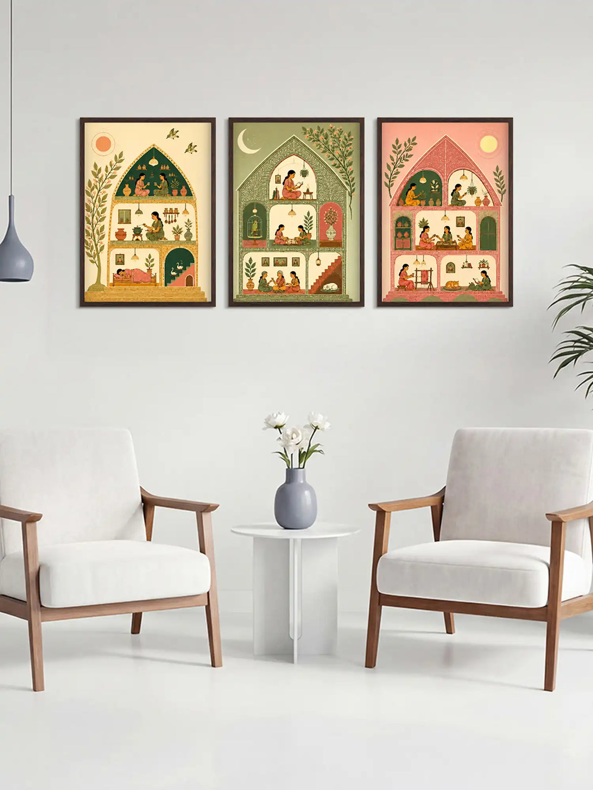 Indian Wall Art Frames - Gond Art Domestic Life Print - Spaces Unhooked
