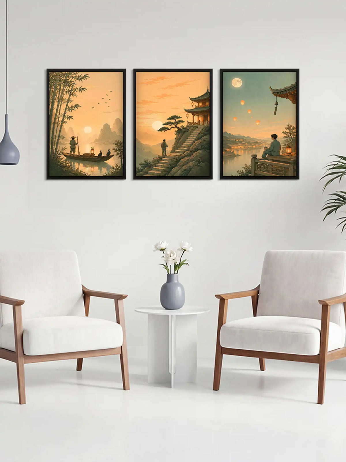 Atmospheric Illustration - East Asian Landscape Japanism - Black Wooden Wall Frames - Spaces Unhooked
