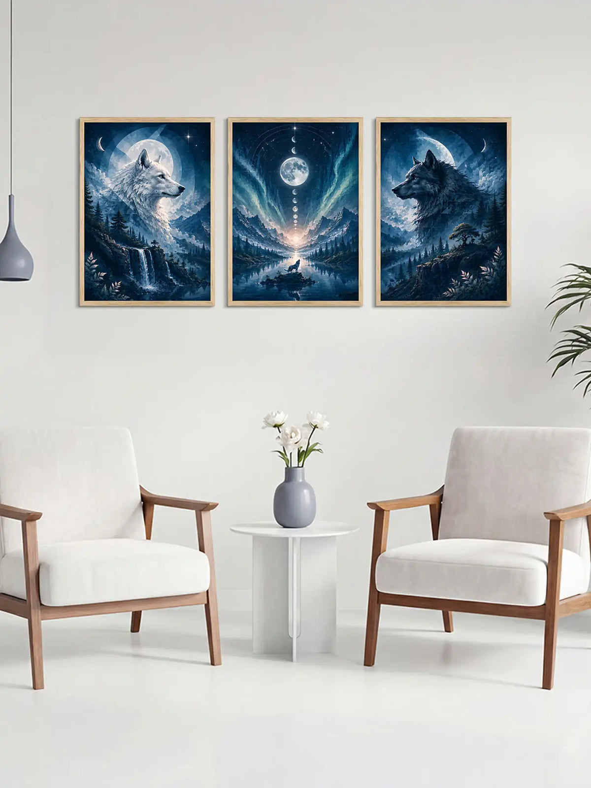 Three framed artworks of wolves in a modern living room setting.