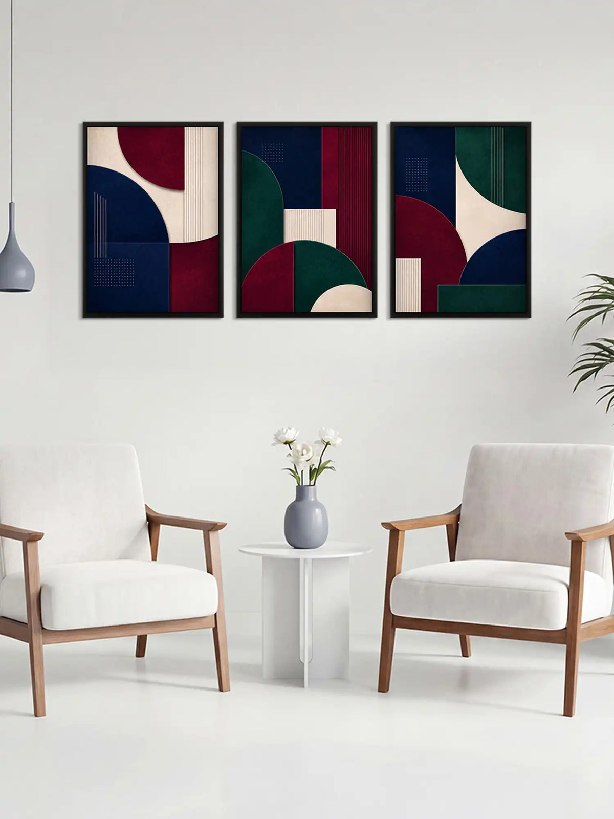 Modern Contemporary Abstract Geometry - Burgundy Navy Green - Black Wooden Wall Frames - Spaces Unhooked