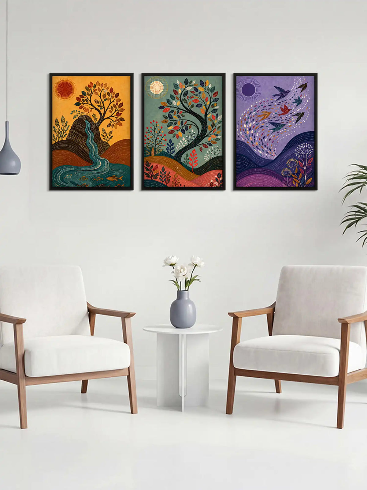 Madhubani Nature Cycle Art - River Tree Birds - Black Wooden Wall Frames - Traditional Modern - Spaces Unhooked