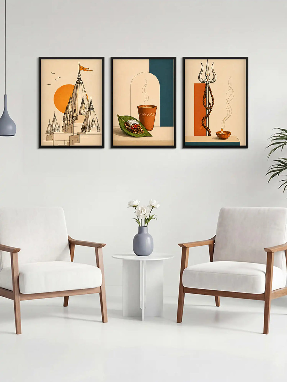 Minimalist Line Art - Varanasi Spiritual Cityscape - Black Wooden Wall Frames - Spiritual Aesthetic - Spaces Unhooked