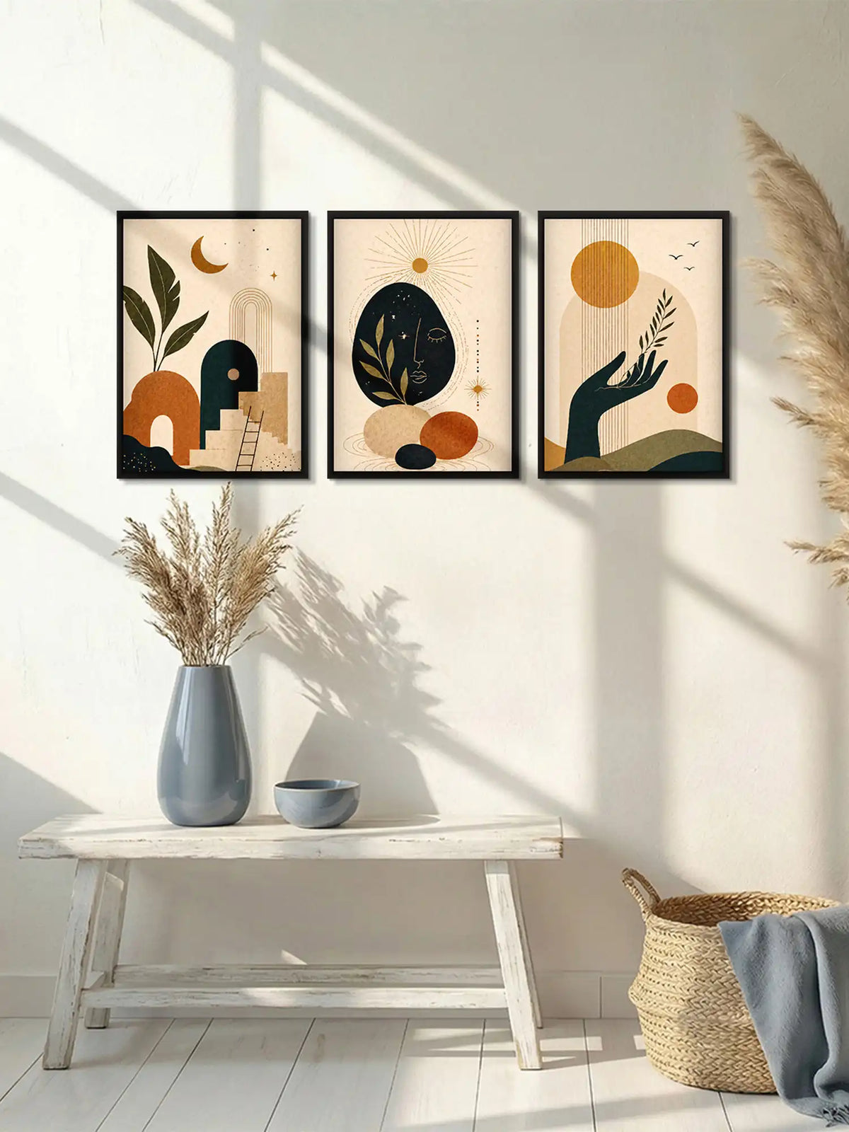Boho celestial wall art set of 3 - abstract botanical illustration artwork - modern celestial decor - black wooden frames - Spaces Unhooked
