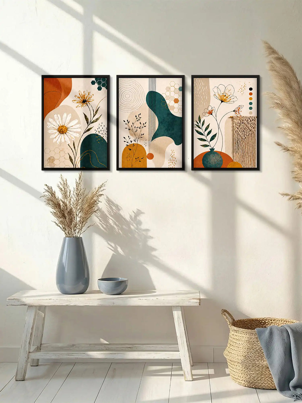 Boho botanical wall art set of 3 - abstract floral illustration artwork - modern botanical decor - black wooden frames - Spaces Unhooke