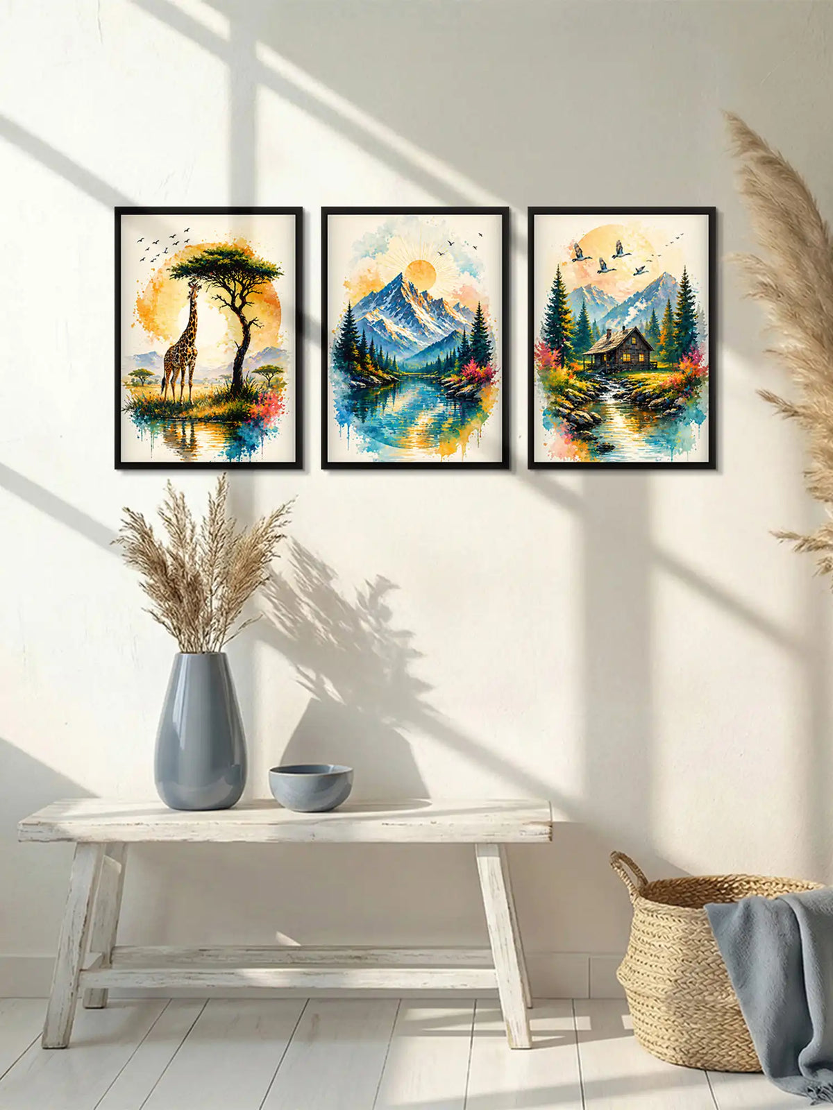 Watercolor wildlife nature wall art set of 3 - rustic contemporary landscape artwork - mountain and wildlife decor - black wooden frames - Spaces Unhooked