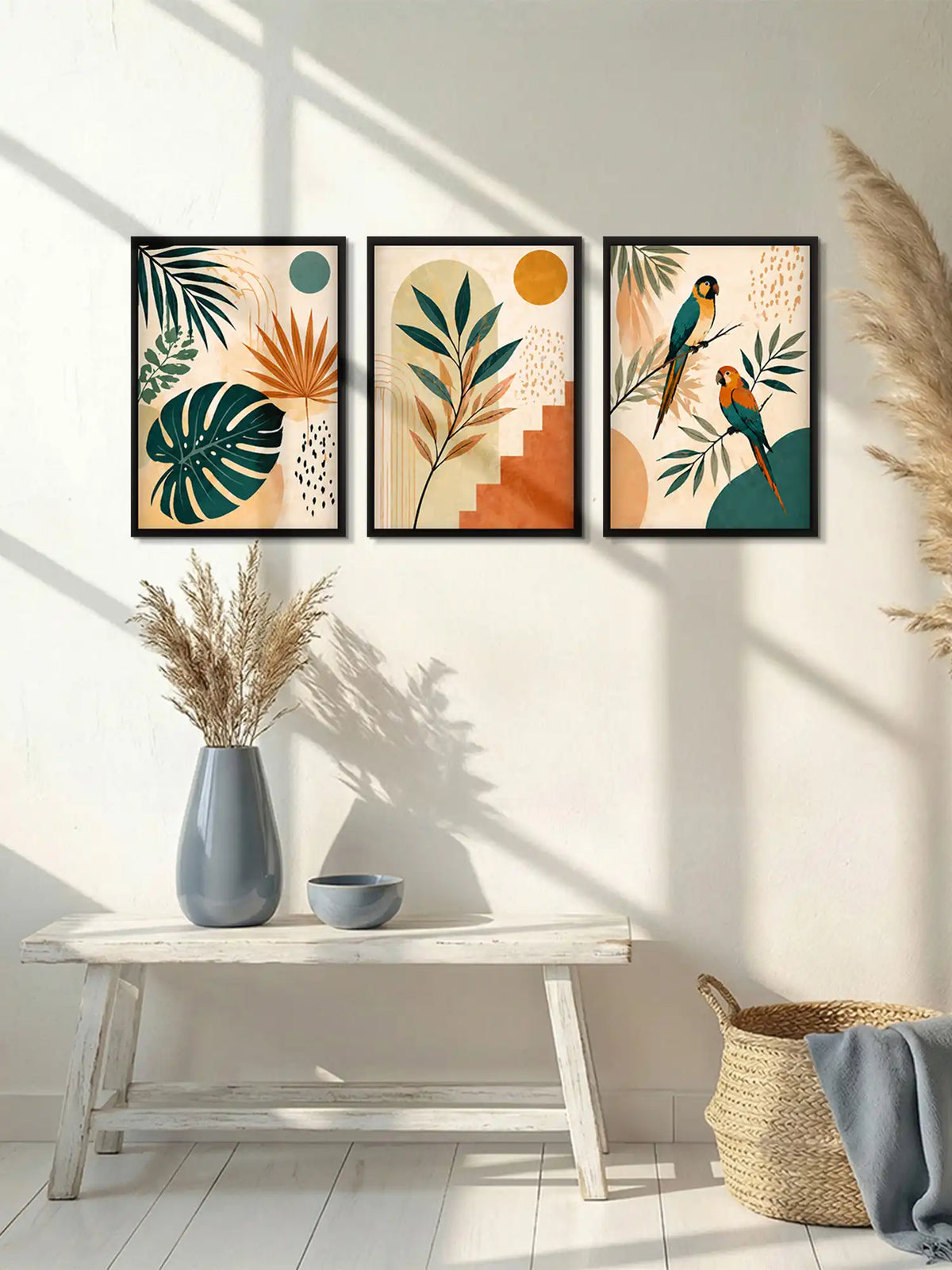 Boho tropical wall art set of 3 - botanical illustration artwork - tropical leaves and exotic birds decor - black wooden frames - Spaces Unhooked