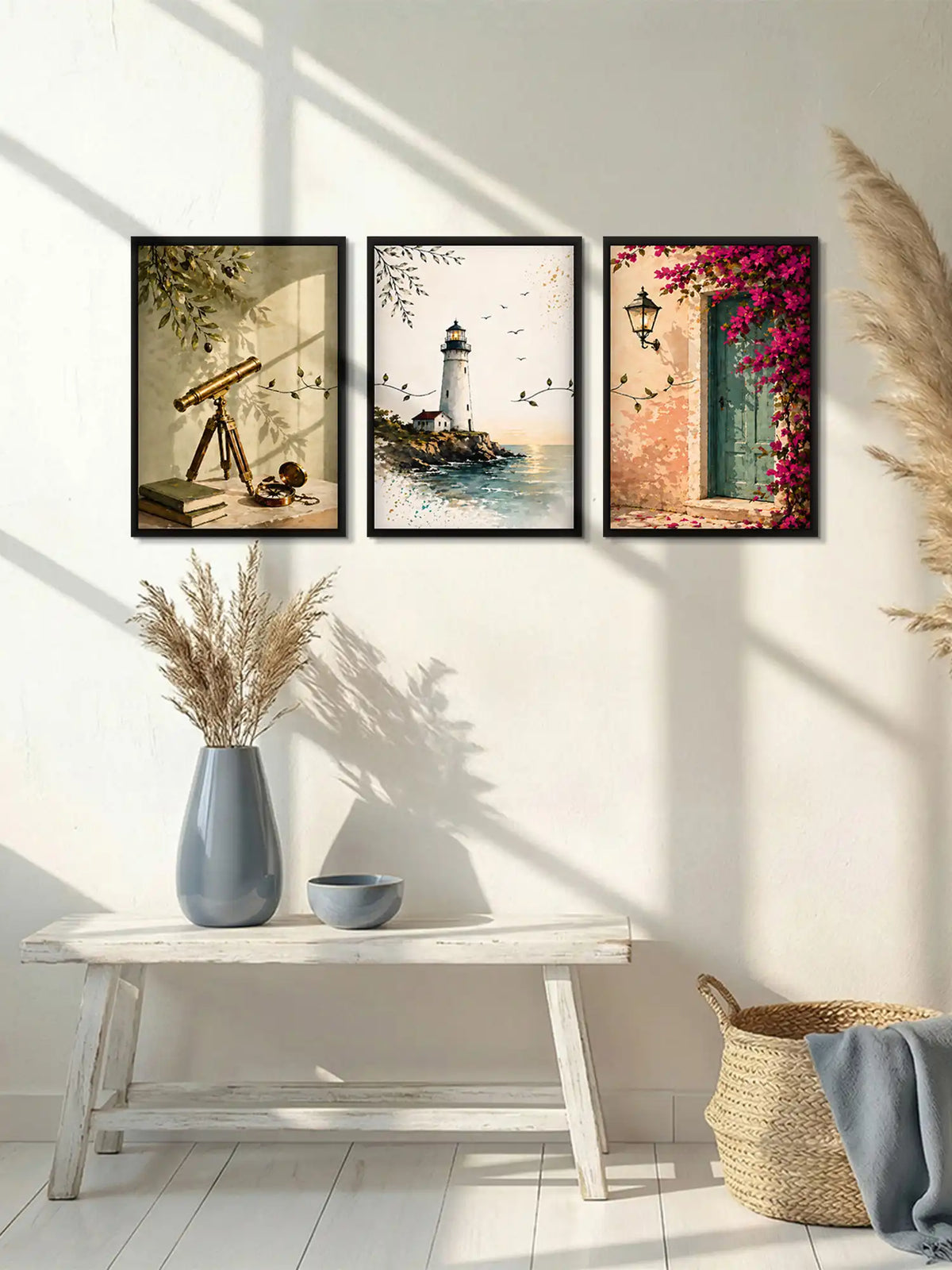 Coastal travel wall art set of 3 - exploration inspired illustration artwork - lighthouse and seaside decor - black wooden frames - Spaces Unhooked