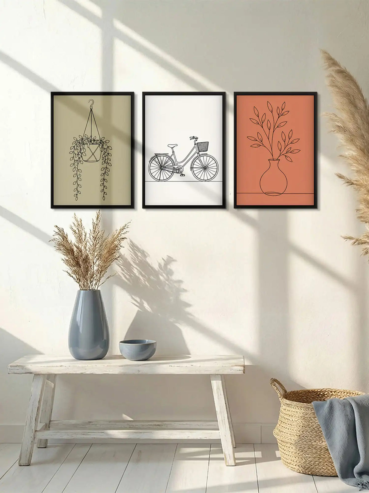 Japandi line art wall art set of 3 - everyday objects illustration artwork - minimalist home decor - black wooden frames - Spaces Unhooked