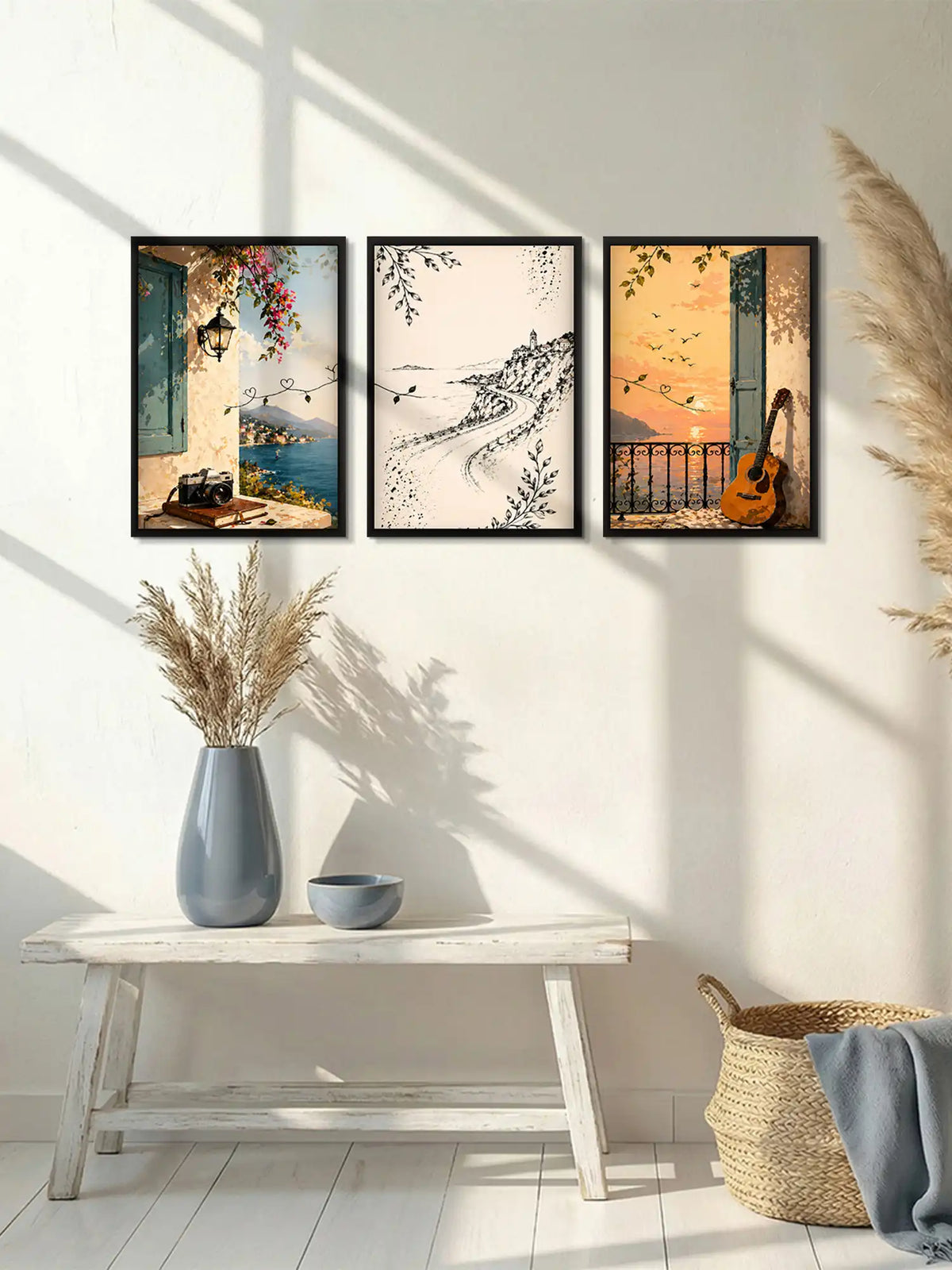 Mediterranean travel wall art set of 3 - coastal lifestyle illustration artwork - European seaside decor - black wooden frames - Spaces Unhooked