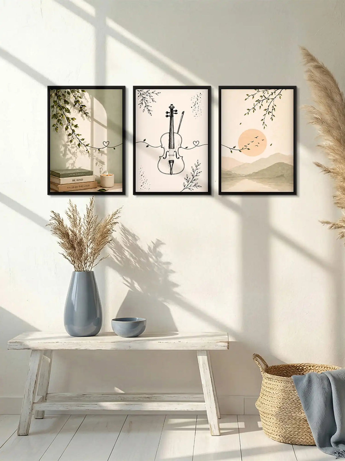 Japandi mindfulness wall art set of 3 - organic minimalism nature artwork - calming botanical decor - black wooden frames - Spaces Unhooked