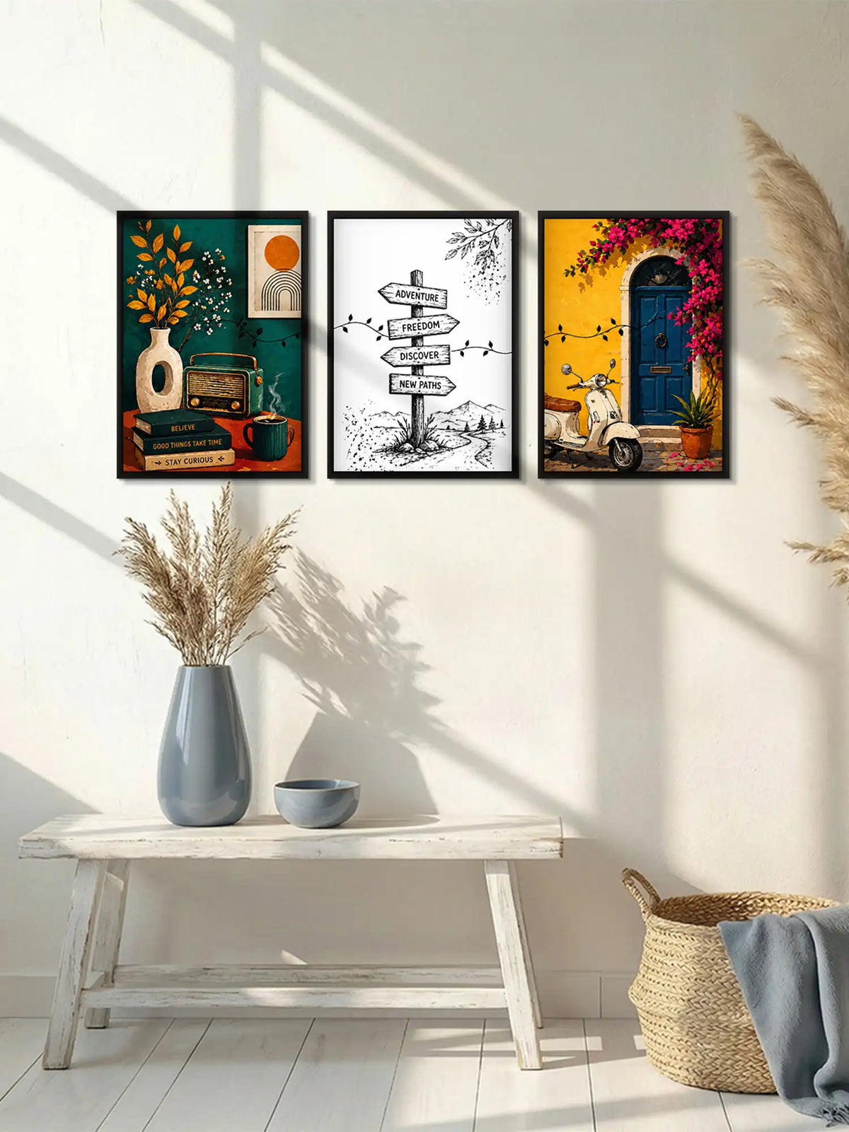 Lifestyle and travel wall art set of 3 - vintage eclectic illustration artwork - wanderlust inspired decor - black wooden frames - Spaces Unhooked