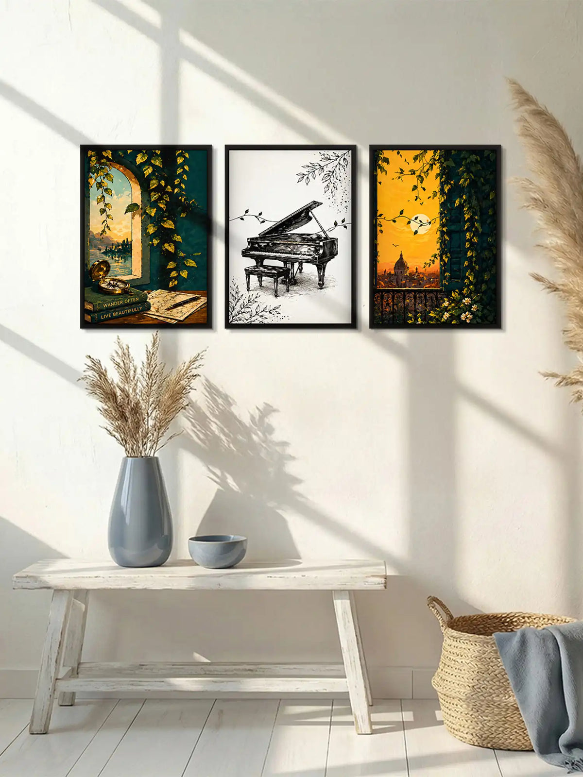 European vintage travel wall art set of 3 - cultural illustration artwork - architecture and exploration decor - black wooden frames - Spaces Unhooked