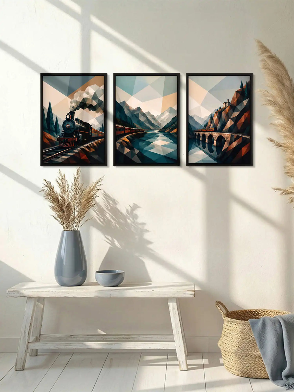 Travel and transportation wall art set of 3 - geometric train landscape artwork - mountain railway illustration - black wooden frames - Spaces Unhooked
