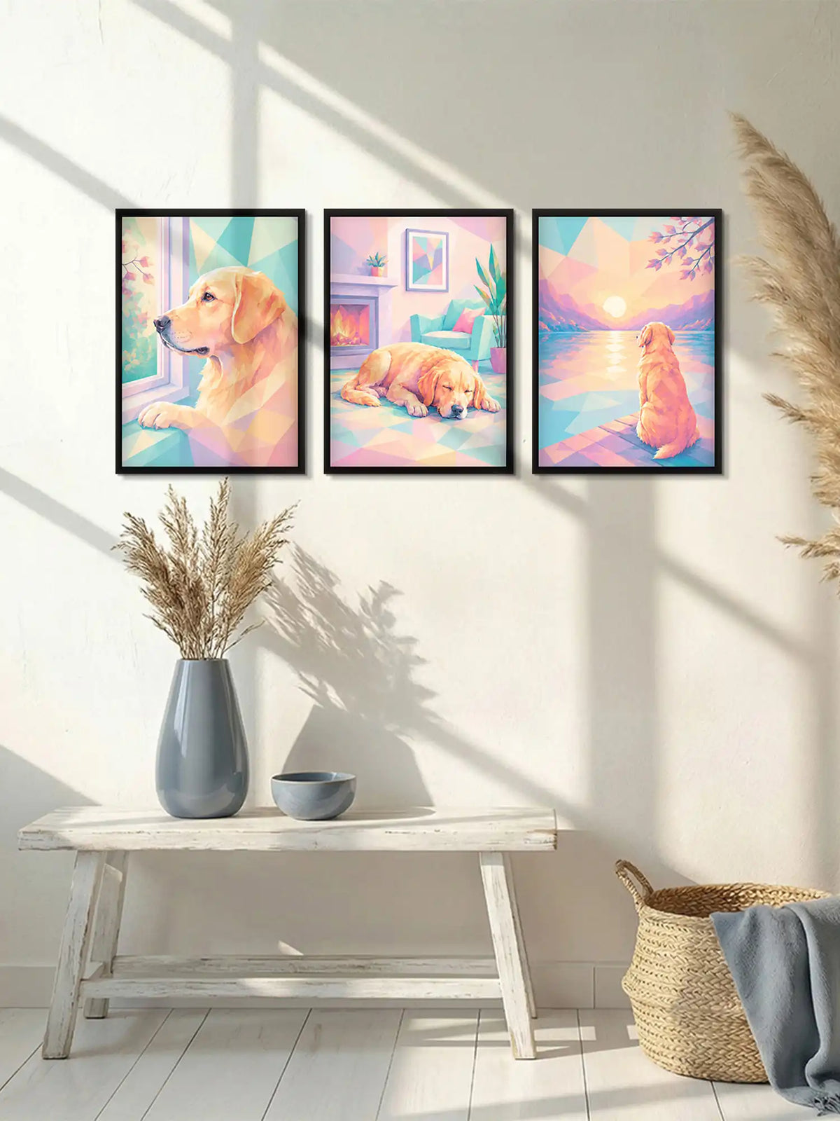 Geometric dog wall art set of 3 - contemporary pet illustration artwork - pastel animal decor - black wooden frames - Spaces Unhooked