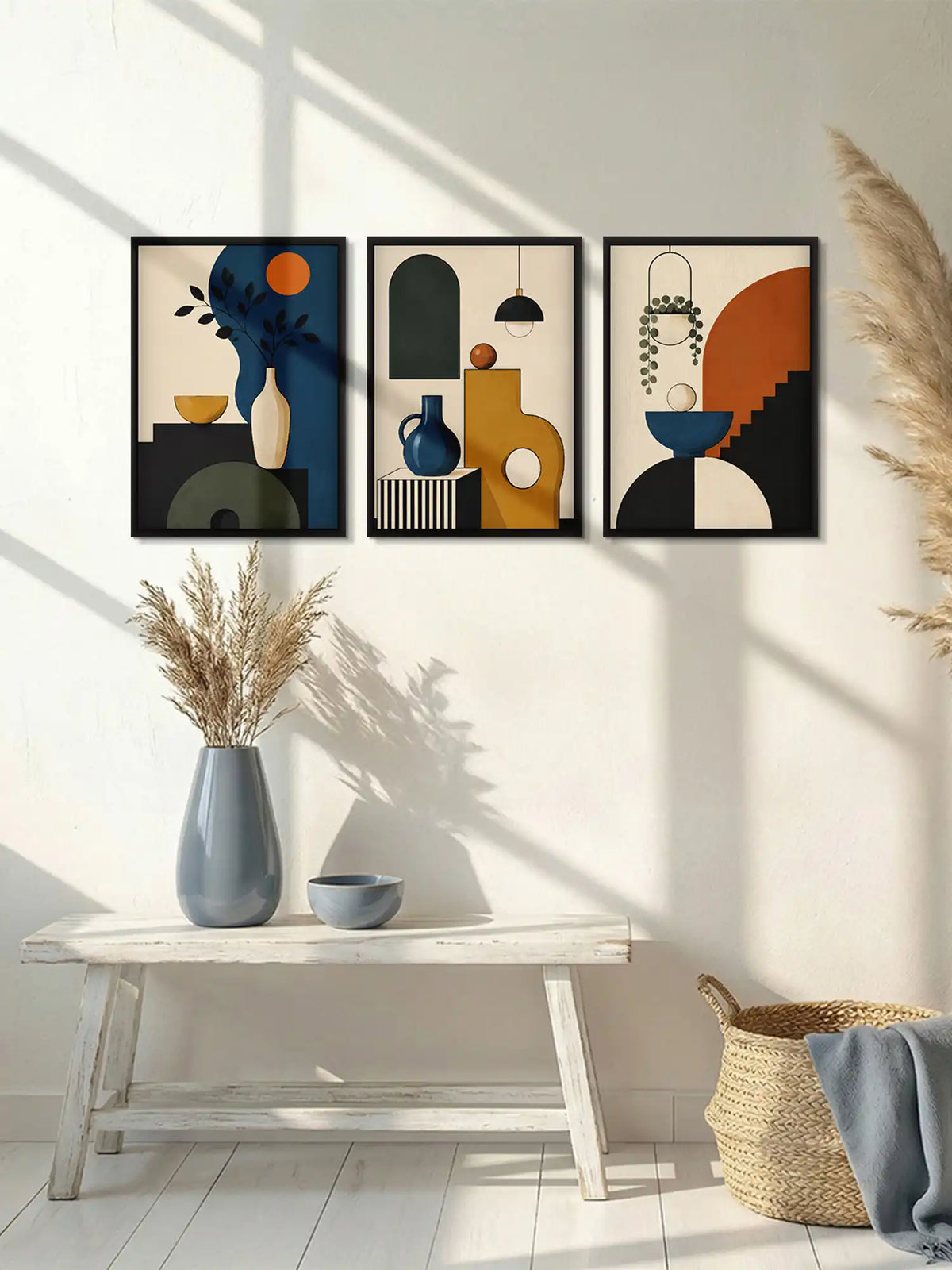 Mid-century modern wall art set of 3 - geometric still life illustration - retro contemporary decor - black wooden frames - Spaces Unhooked