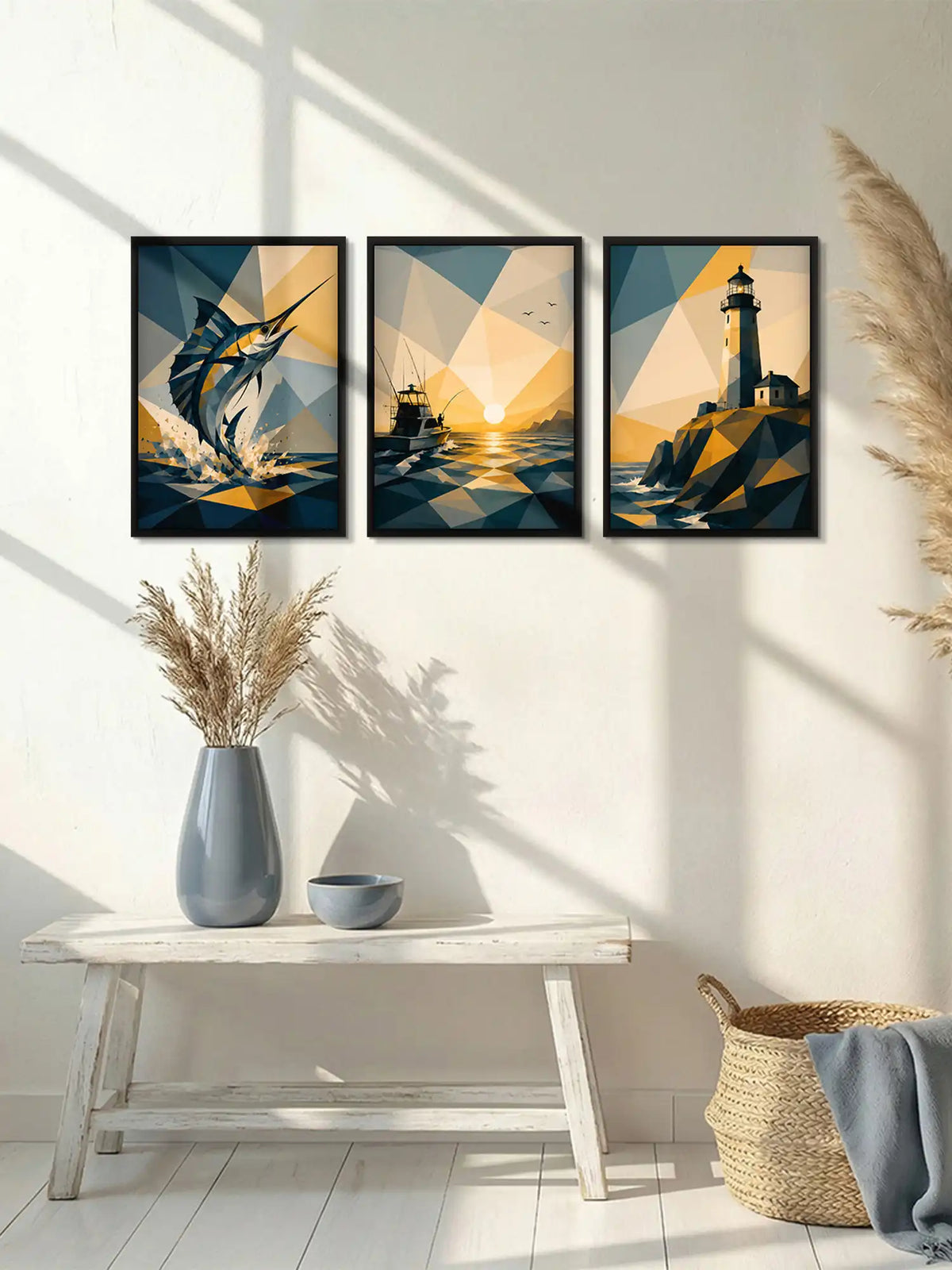 Low-poly coastal wall art set of 3 - geometric ocean illustration artwork - lighthouse and marine decor - black wooden frames - Spaces Unhooked