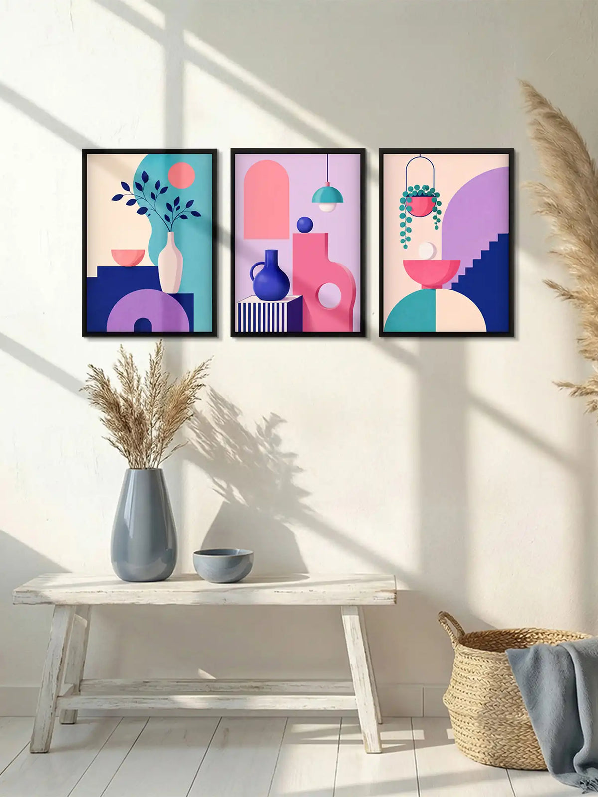 Geometric illustration wall art set of 3 - Memphis still life artwork - colorful abstract decor - black wooden frames - Spaces Unhooked