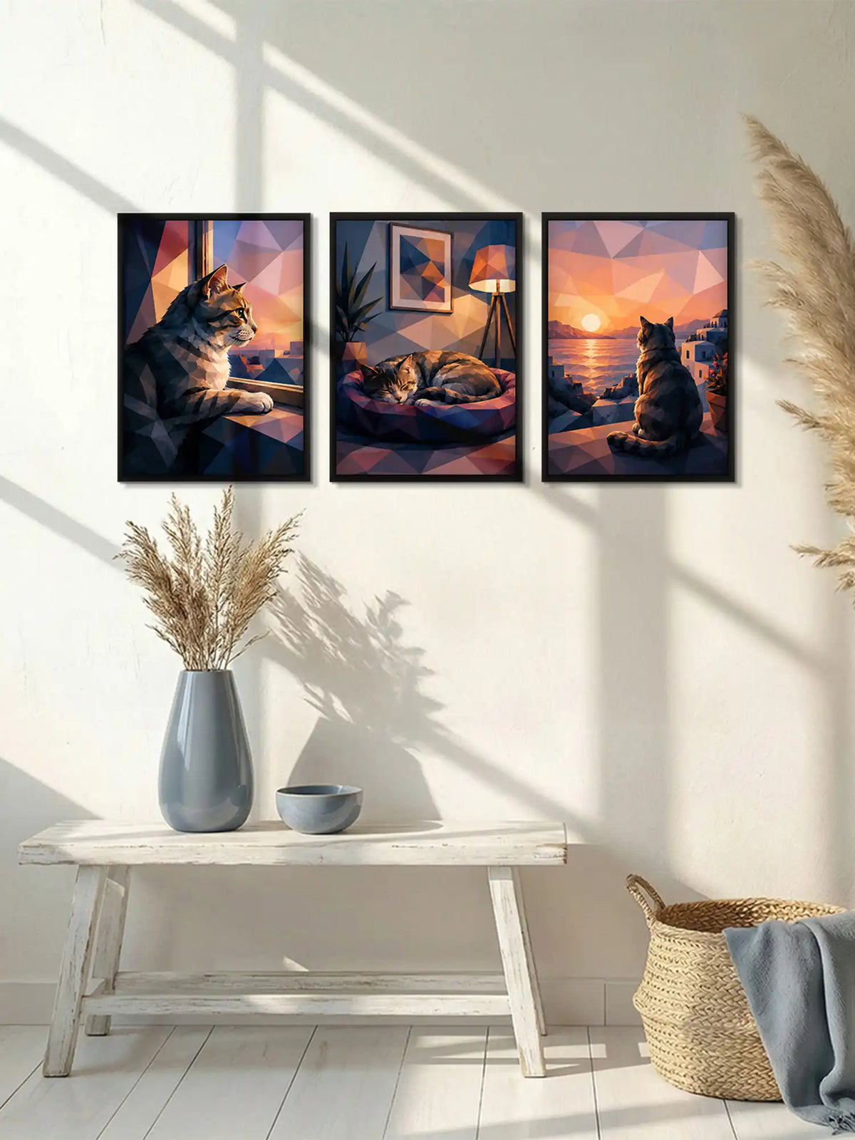 Low-poly cat wall art set of 3 - geometric pet illustration artwork - contemporary animal decor - black wooden frames - Spaces Unhooked