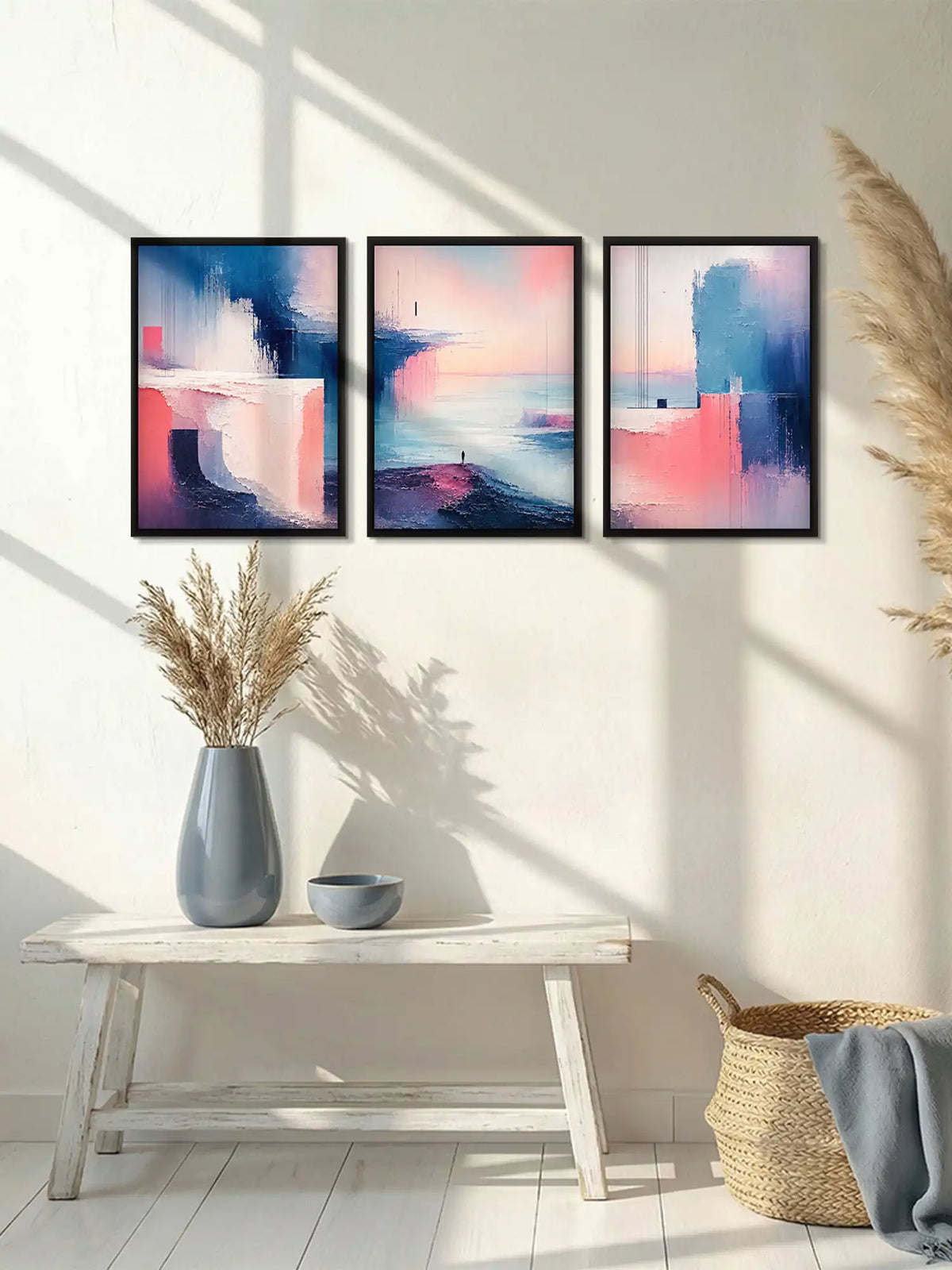 Abstract sea shore wall art set of 3 - painterly abstraction artwork - coastal contemporary decor - black wooden frames - Spaces Unhooked