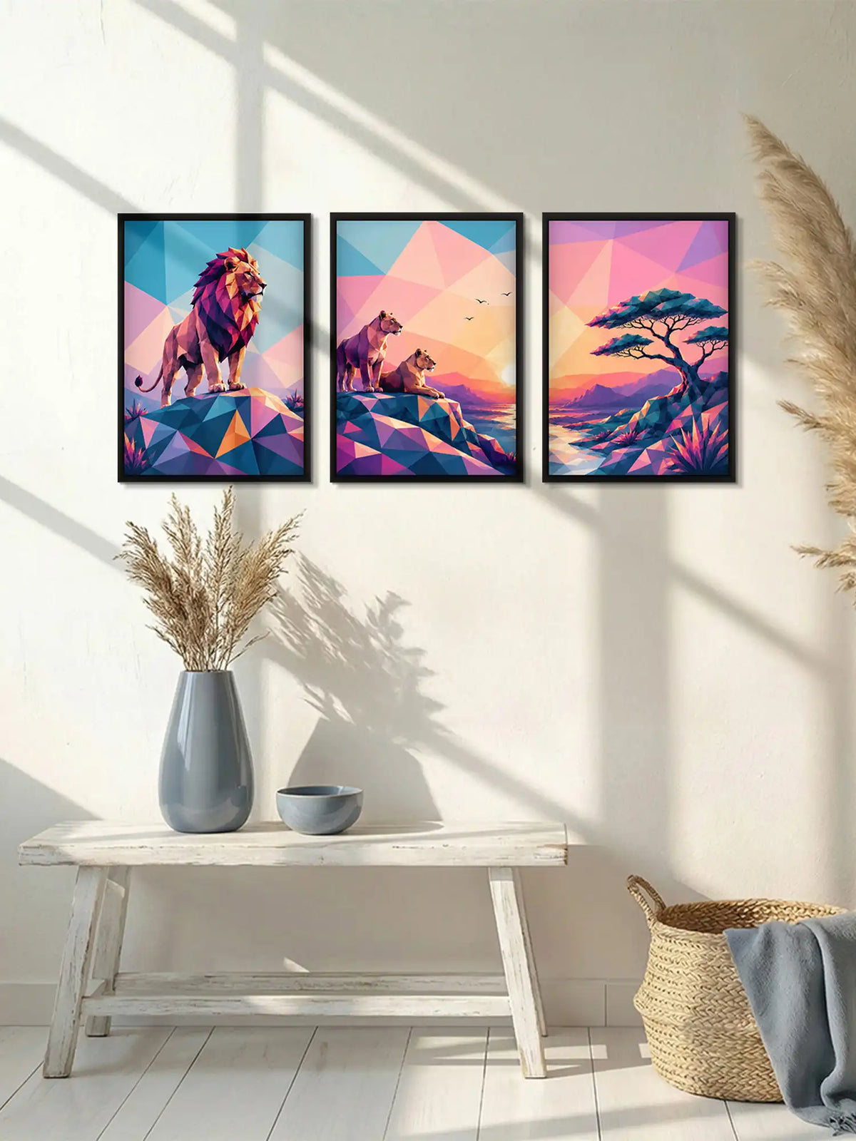 Low-poly wildlife wall art set of 3 - geometric lion illustration artwork - modern geometric decor - black wooden frames - Spaces Unhooked