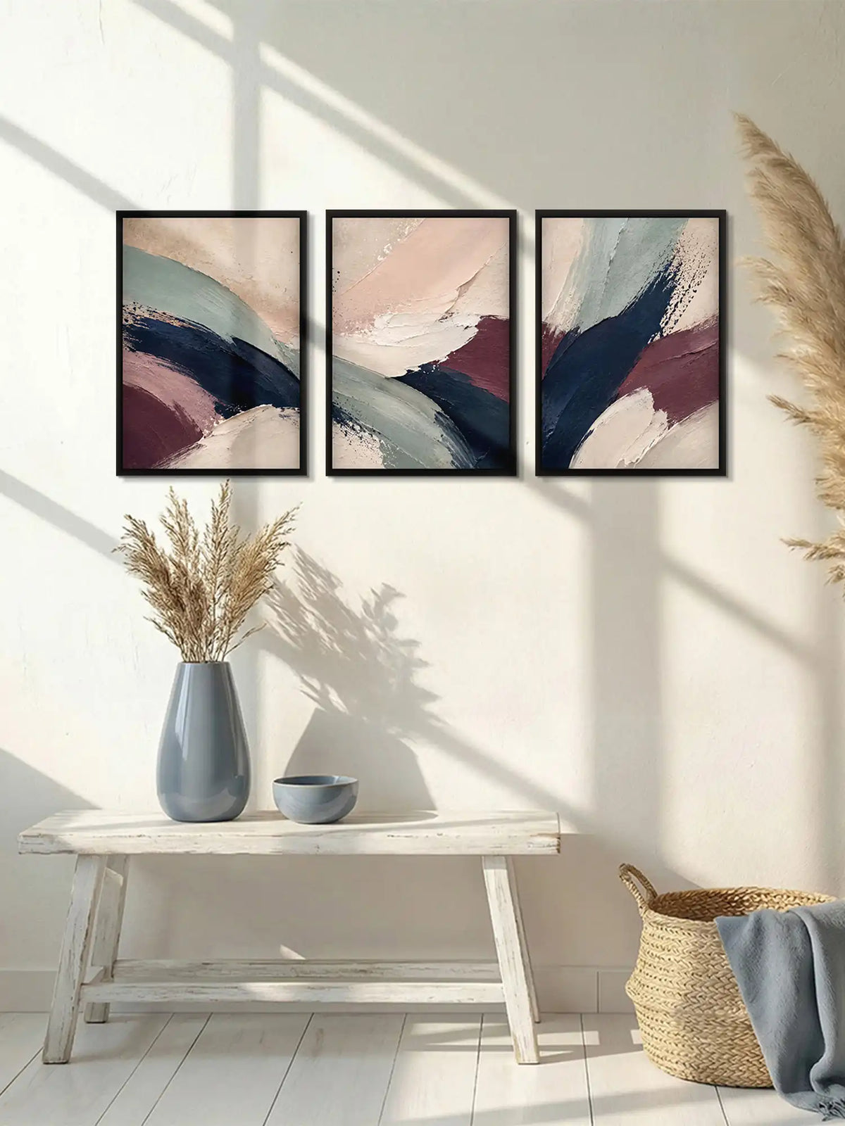 Abstract wall art set of 3 - gestural abstraction artwork - contemporary abstract forms - black wooden frames - Spaces Unhooked