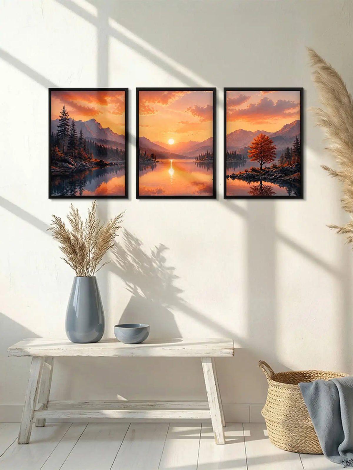 Digital Landscape Painting - Mountain Lake Sunset Autumn - Black Wooden Wall Frames - Atmospheric Landscape - Spaces Unhooked