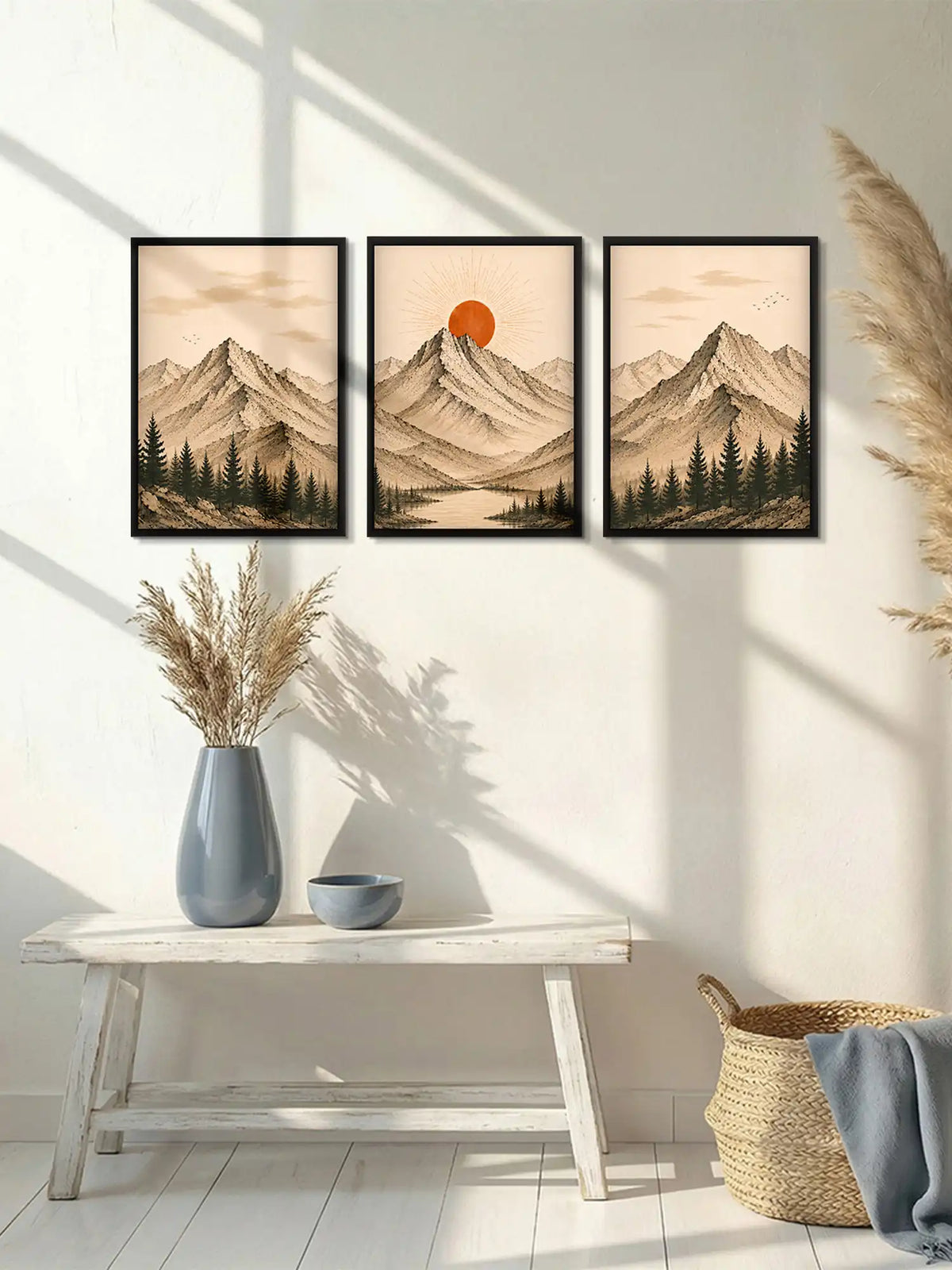 Ink Wash Illustration - Minimalist Zen Mountain Landscape Sepia - Black Wooden Wall Frames - Spaces Unhooke