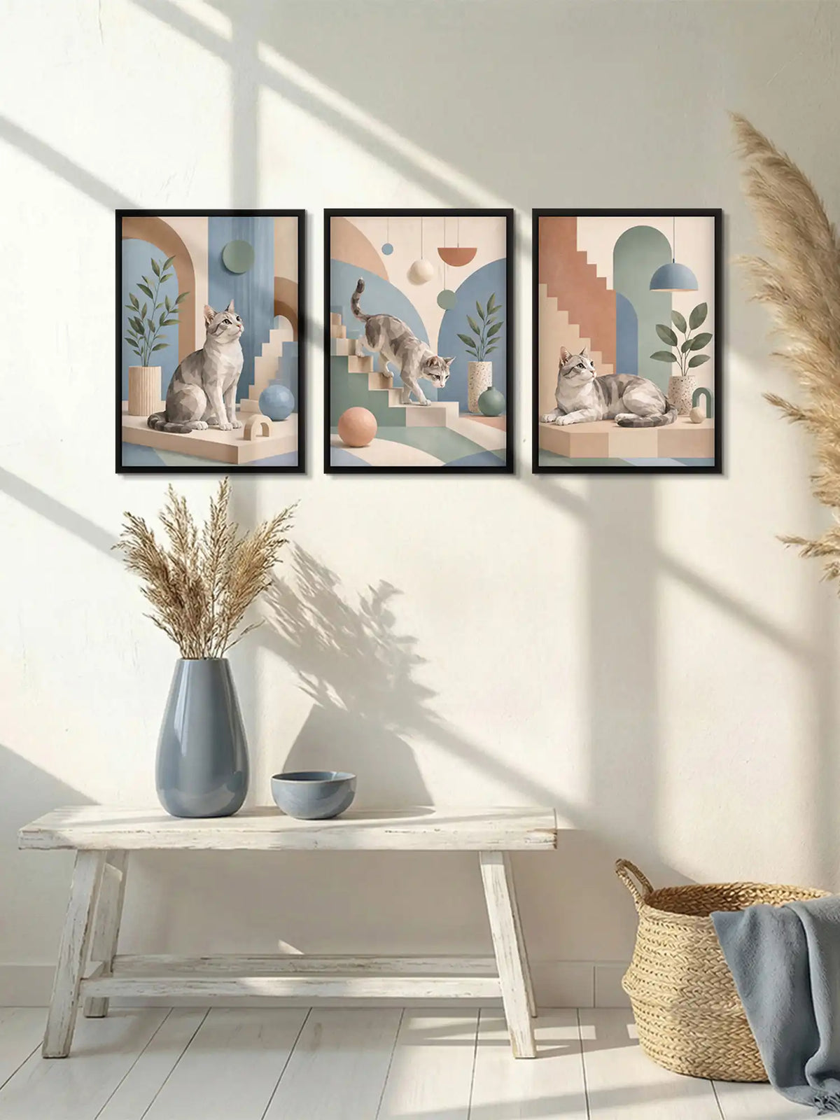 Low Poly Illustration - Playful Cat Geometric Minimalism - Black Wooden Wall Frames - Spaces Unhooked