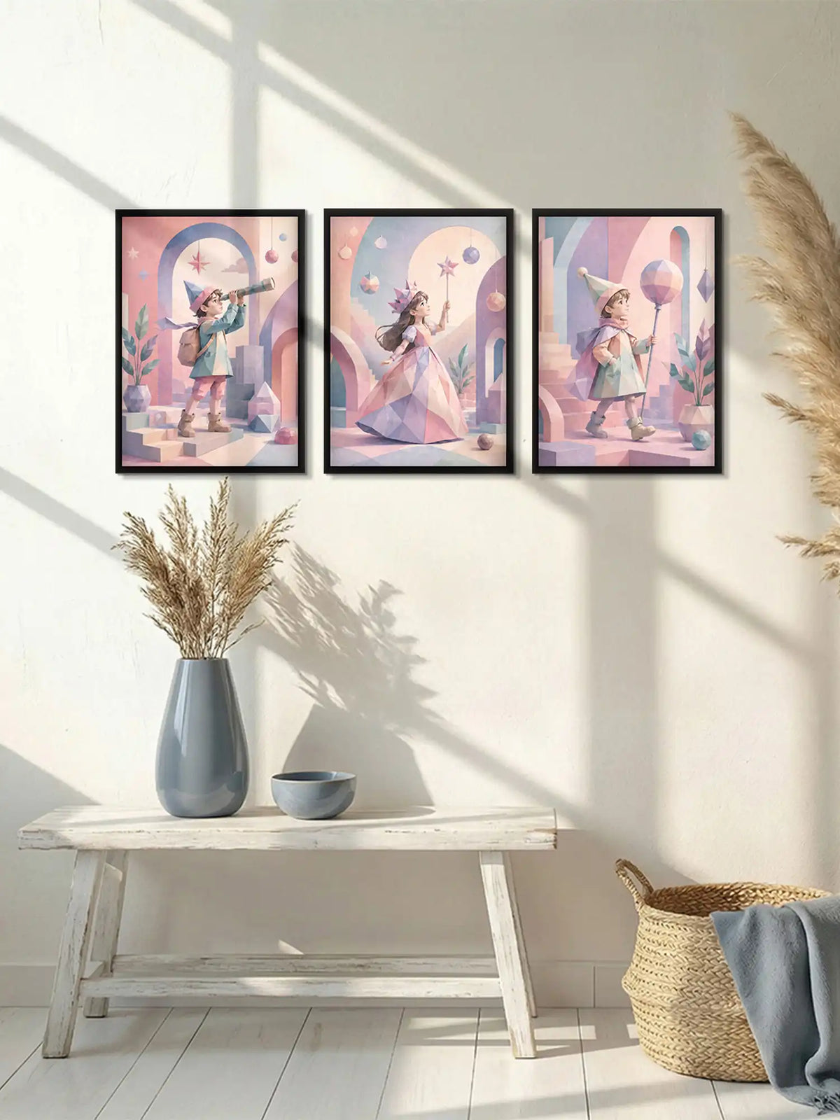 Low Poly Illustration - Childhood Imagination Fantasy Kids - Black Wooden Wall Frames - Spaces Unhooked