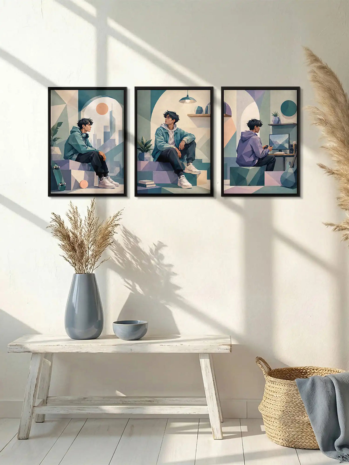 Low Poly Illustration - Modern Youth Urban Teen - Black Wooden Wall Frames - Geometric Minimalism - Spaces Unhooked