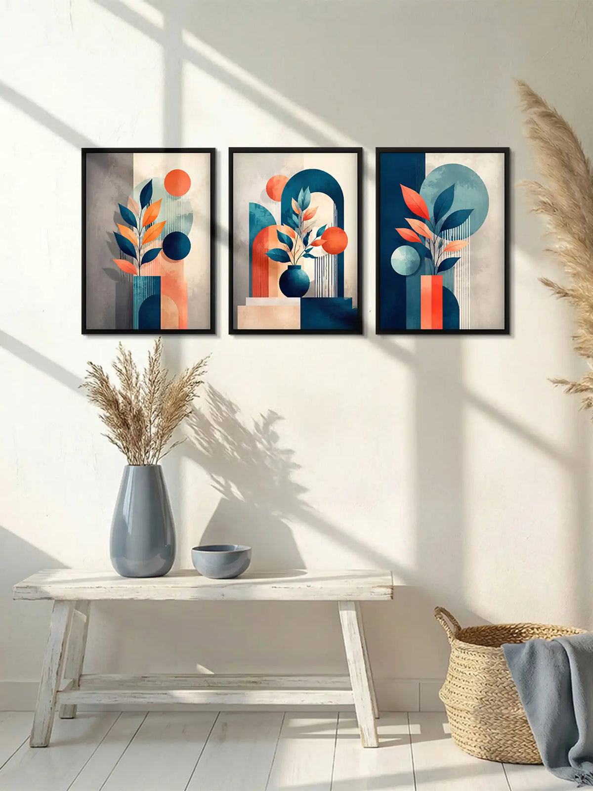 Vector Illustration - Geometric Botanical Still Life Navy Orange - Black Wooden Wall Frames - Spaces Unhooked