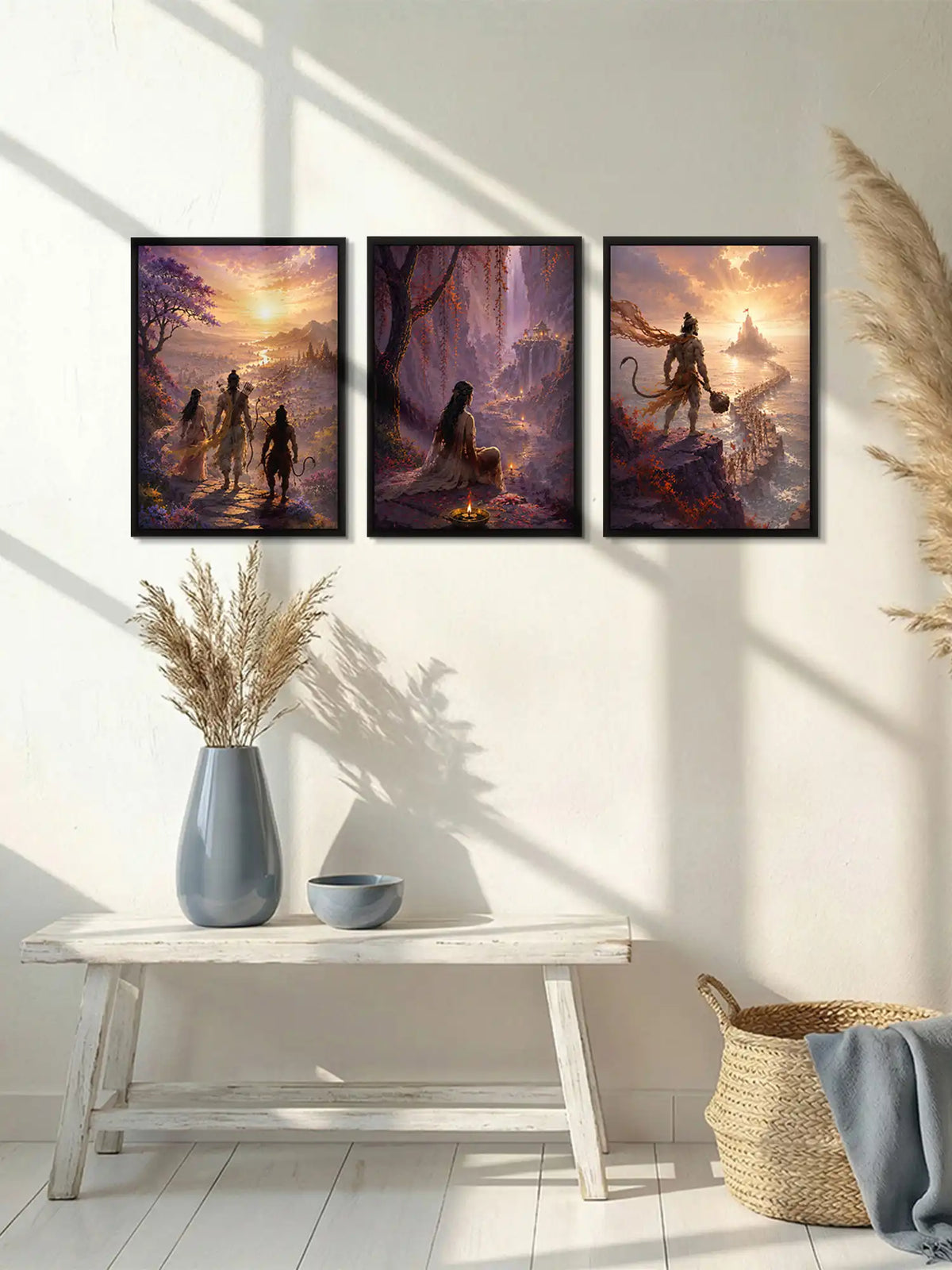 Digital Matte Painting - Ramayana Epic Ram Sita Hanuman - Black Wooden Wall Frames - Mythological Art - Spaces Unhooked