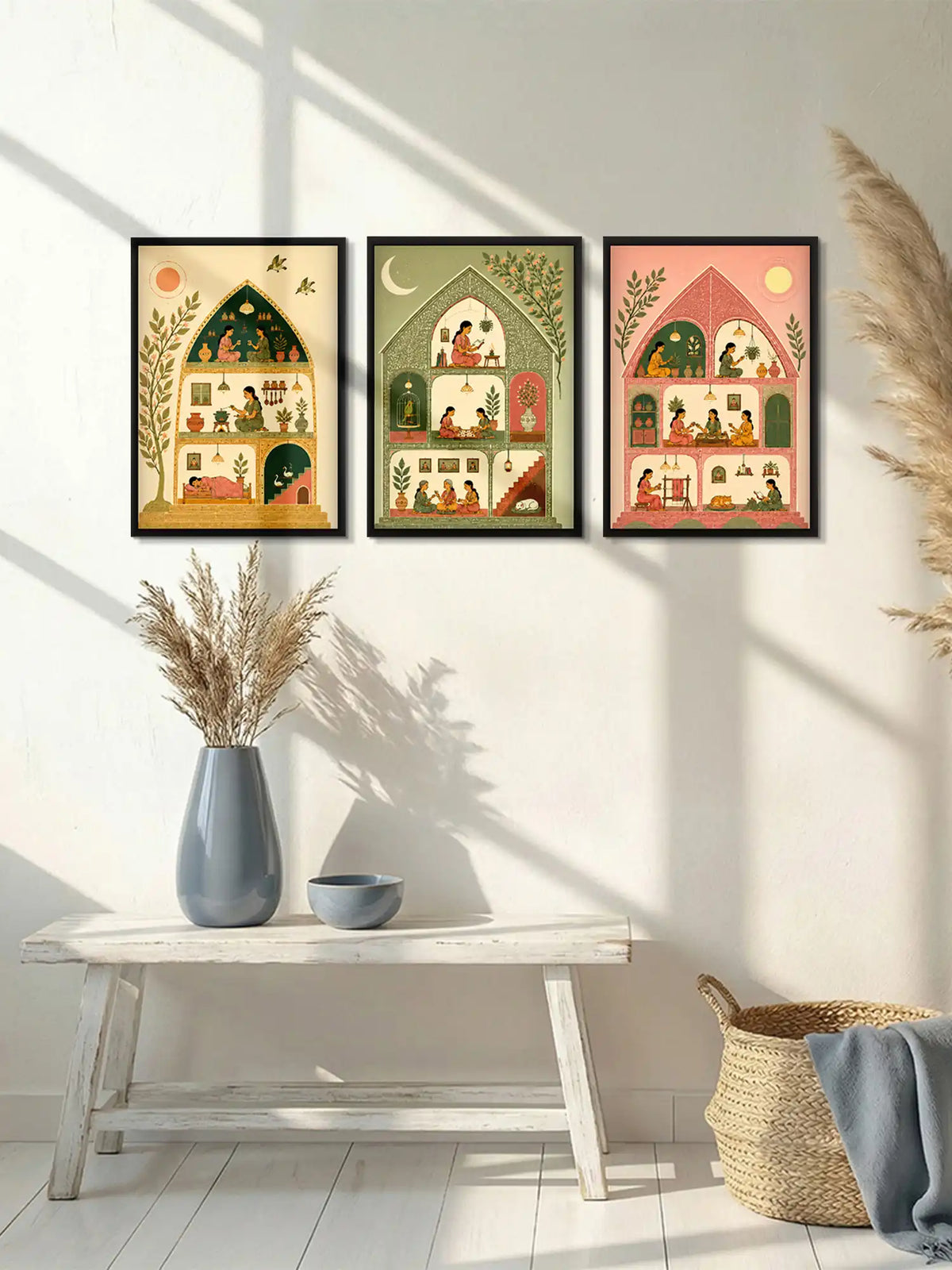 Narrative Illustration - Gond Art Domestic Life Indian Home - Black Wooden Wall Frames - Spaces Unhooked