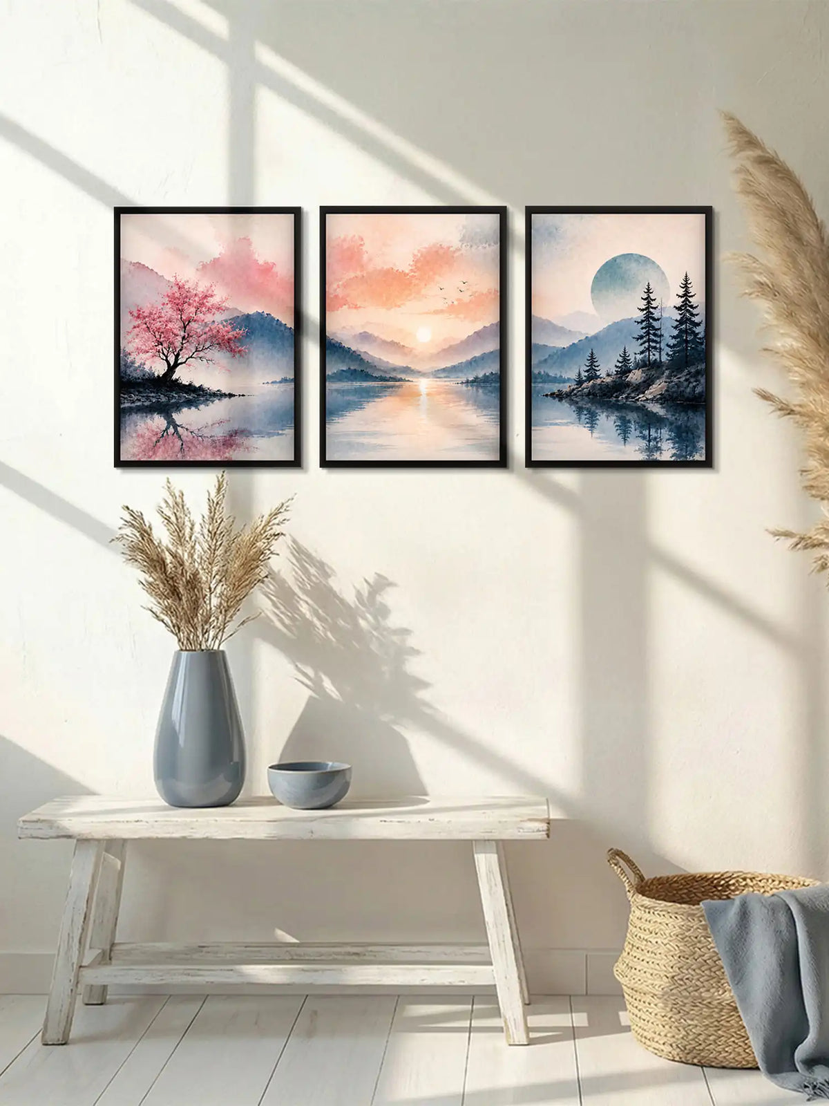 Watercolor Landscape - Tranquil Mountain Lake Zen - Black Wooden Wall Frames - Zen Inspired Decor - Spaces Unhooked