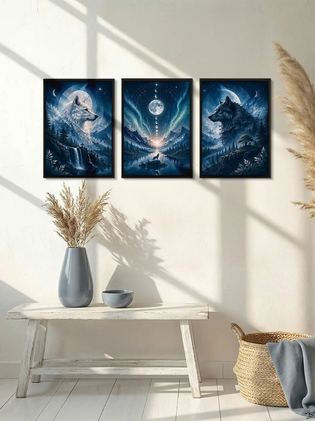 Digital Illustration - Celestial Wolf Spirit Night - Black Wooden Wall Frames - Nature Inspired Decor - Spaces Unhooked