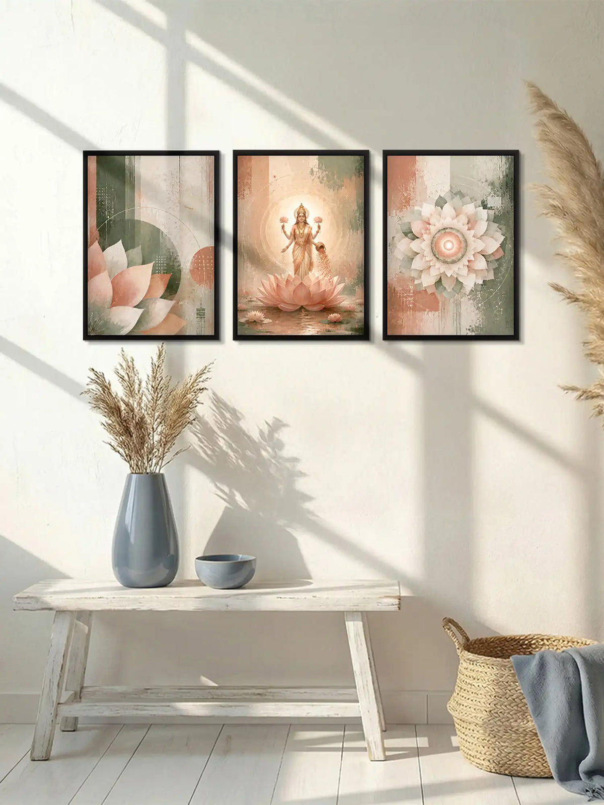 Sacred Decorative Art - Goddess Lakshmi Lotus Spirituality - Black Wooden Wall Frames - Modern Spiritual - Spaces Unhooked