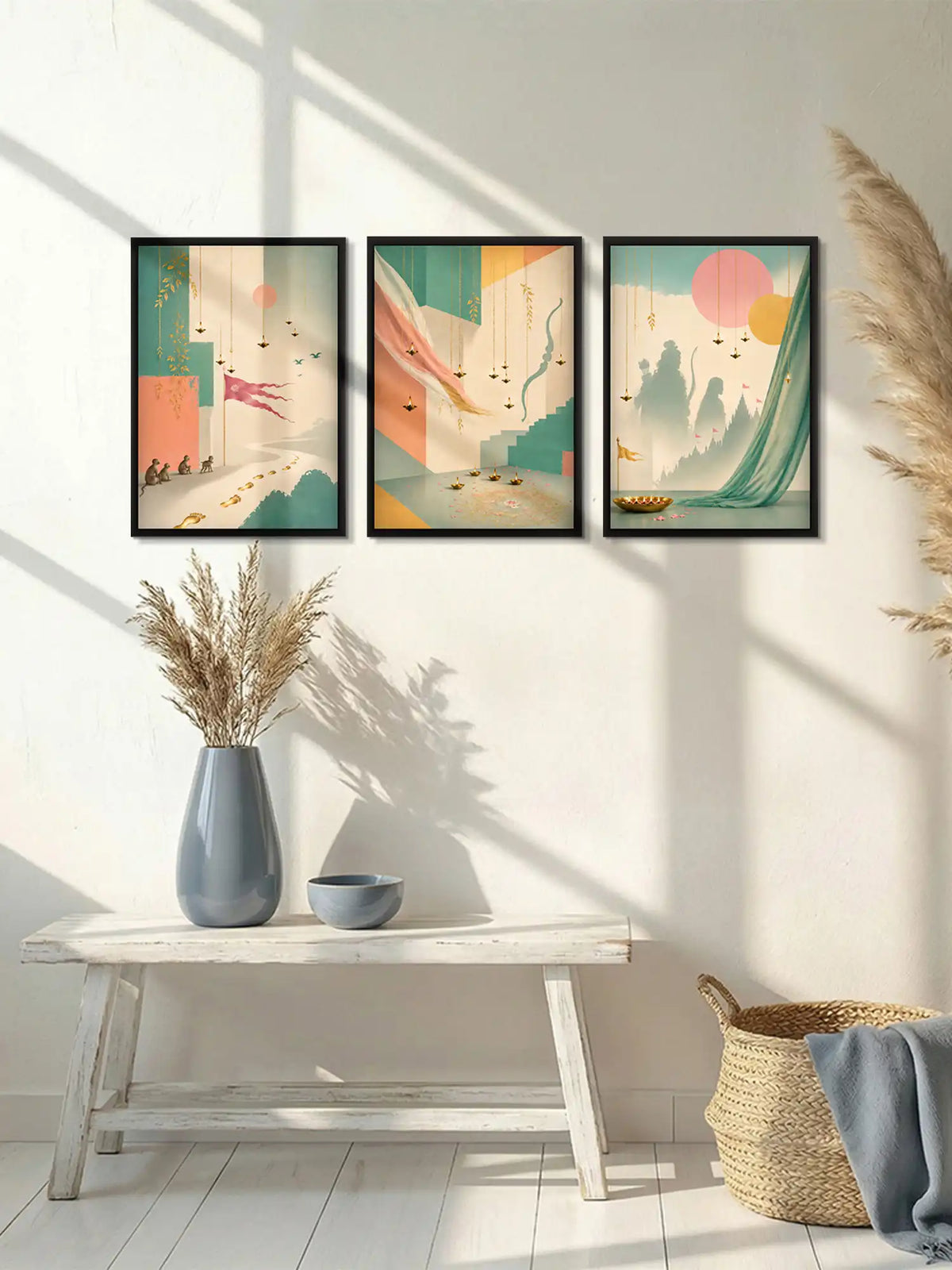
Symbolic Minimalism - Ramayana Journey Devotion - Black Wooden Wall Frames - Contemporary Spiritual Pastel Heritage - Spaces Unhooked