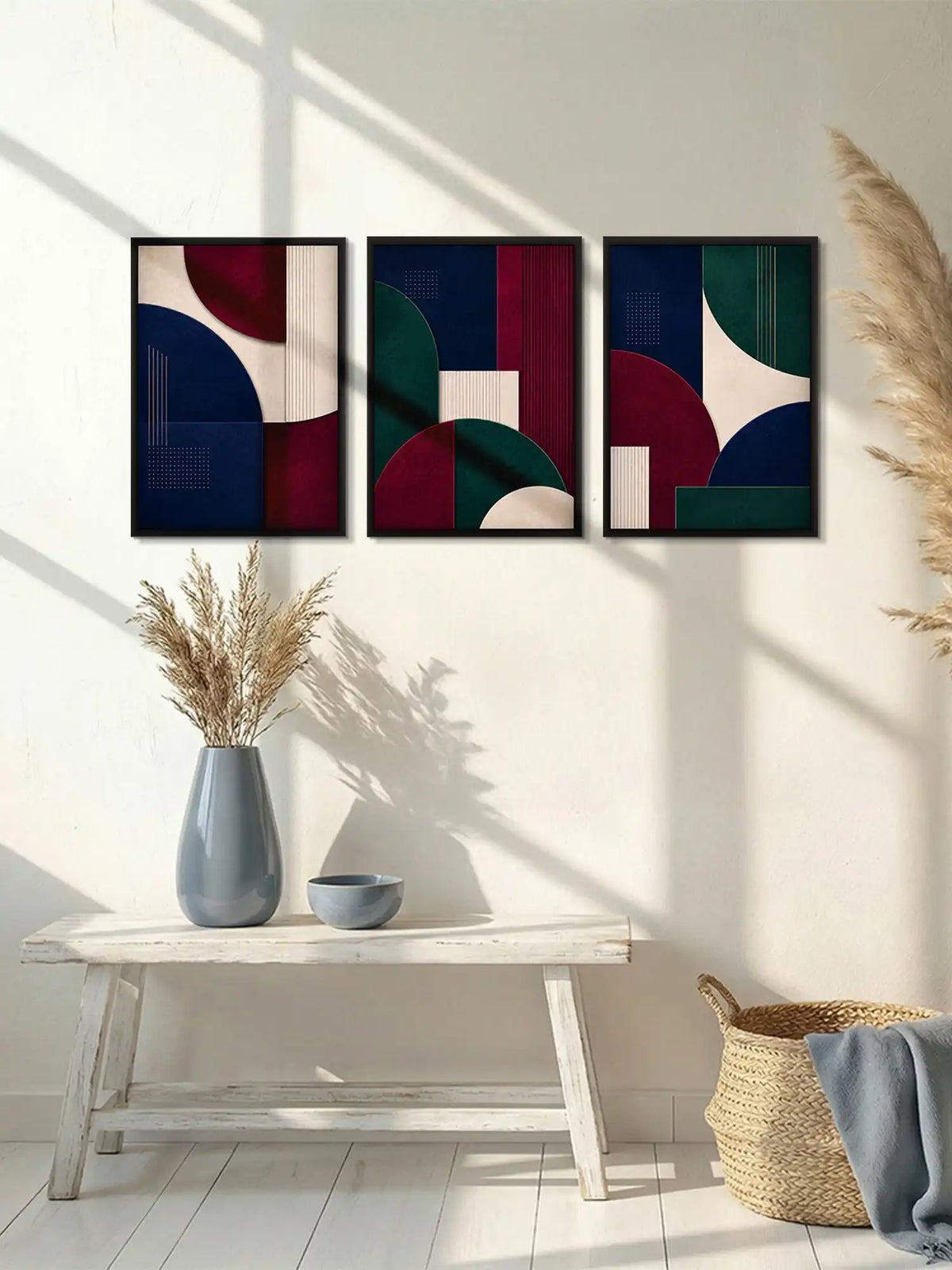 Modern Contemporary Abstract Geometry - Burgundy Navy Green - Black Wooden Wall Frames - Spaces Unhooked